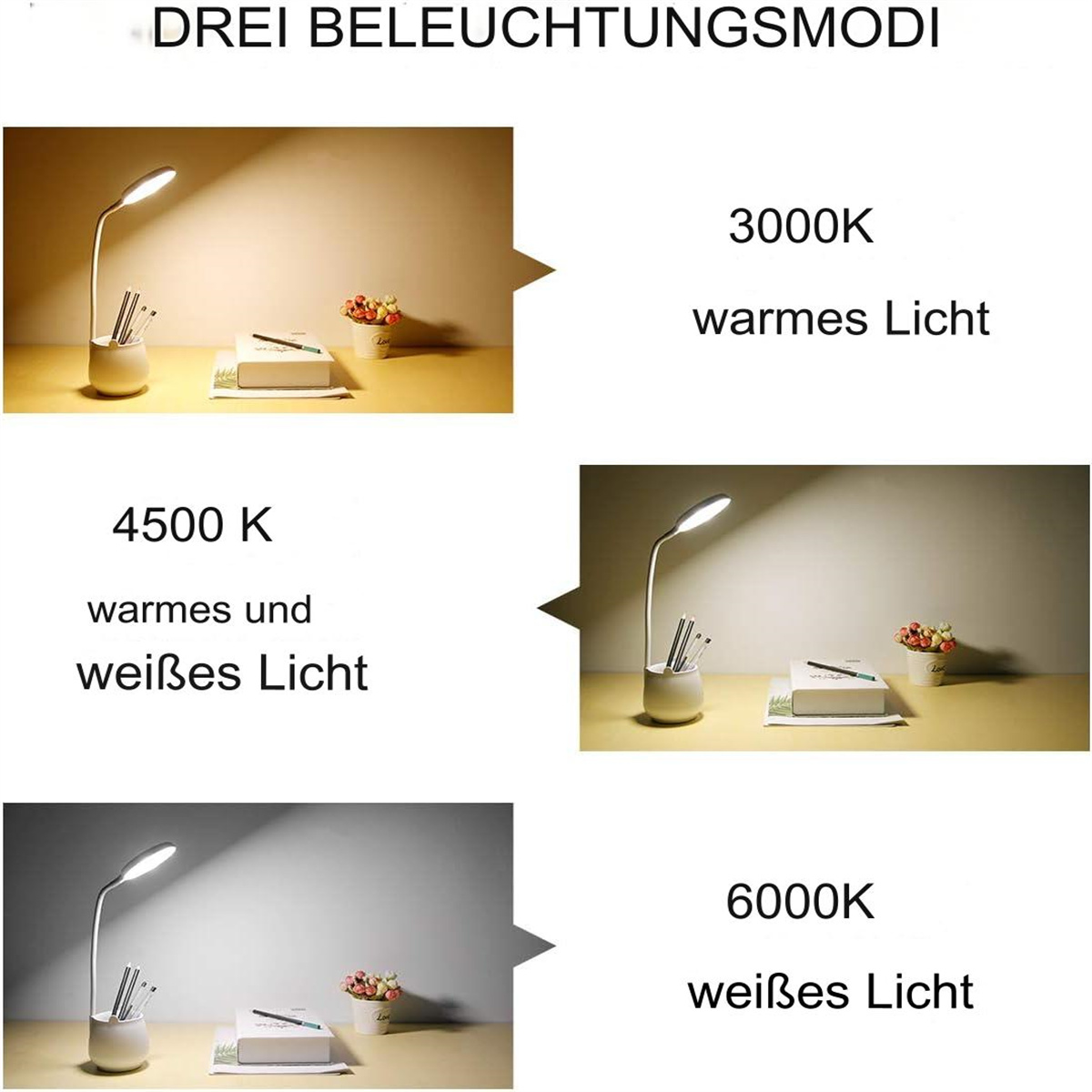 Drei Beleuchtungsmodi einer Schreibtischlampe: 3000K warmes Licht, 4500K warmes & weißes, und 6000K weißes Licht.