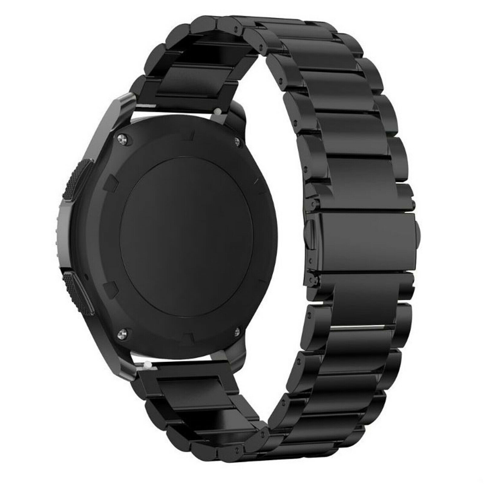 Schwarze Smartwatch mit schwarzem Metallarmband. Die Uhr ist abgewinkelt, zeigt ihre Rückseite.
