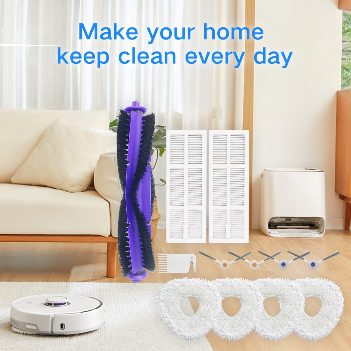 Artykuły czyszczące na podłodze. Biały odkurzacz robot, mopy, szczotki i inne narzędzia czyszczące.