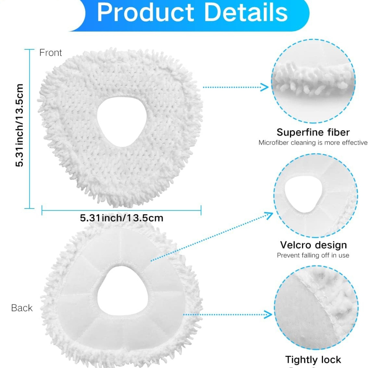 Białe podkładki czyszczące z mikrofibry z wymiarami i opisami.
