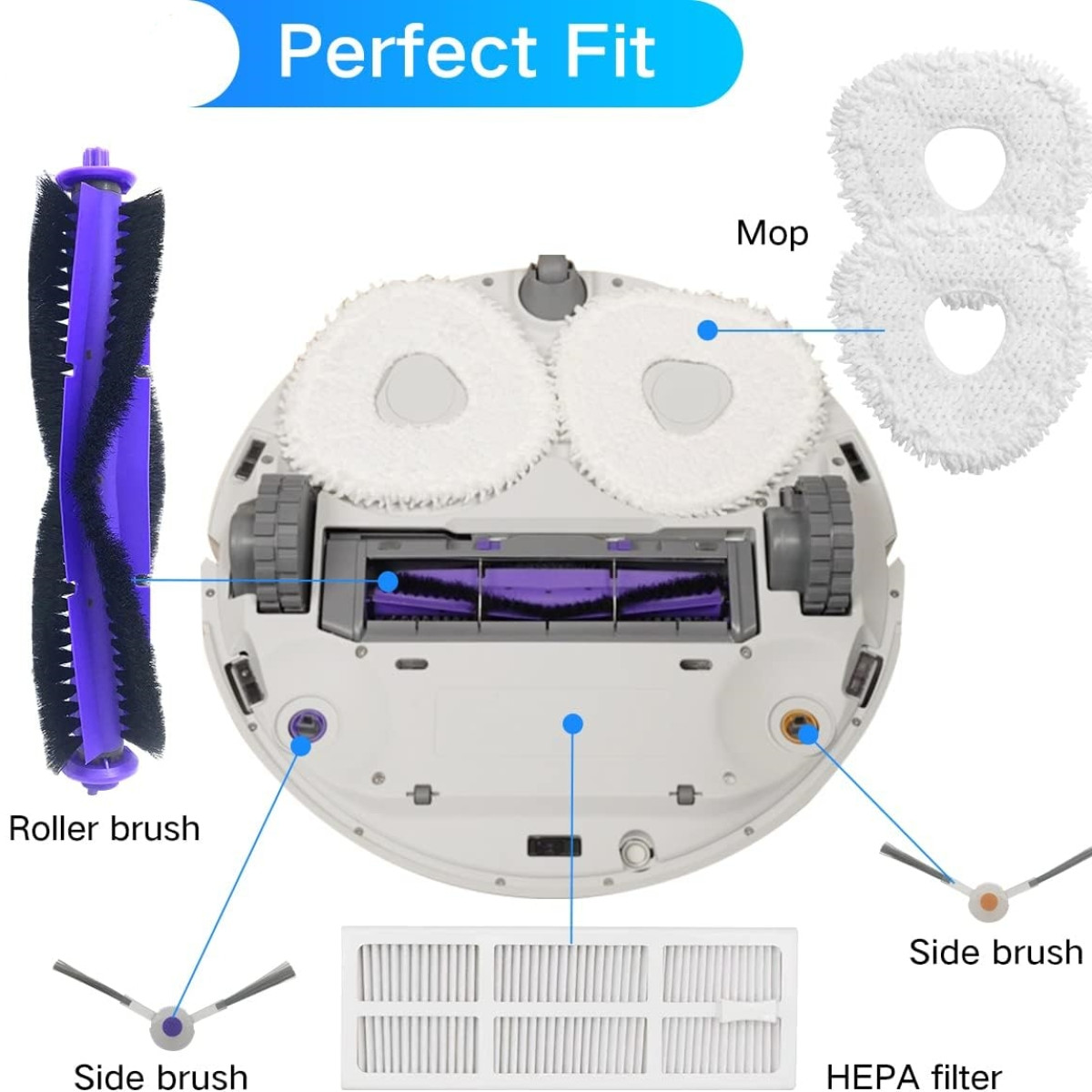 Robot sprzątający z oznaczonymi częściami, w tym szczotką rolkową, filtrem HEPA i nakładkami do mopowania.