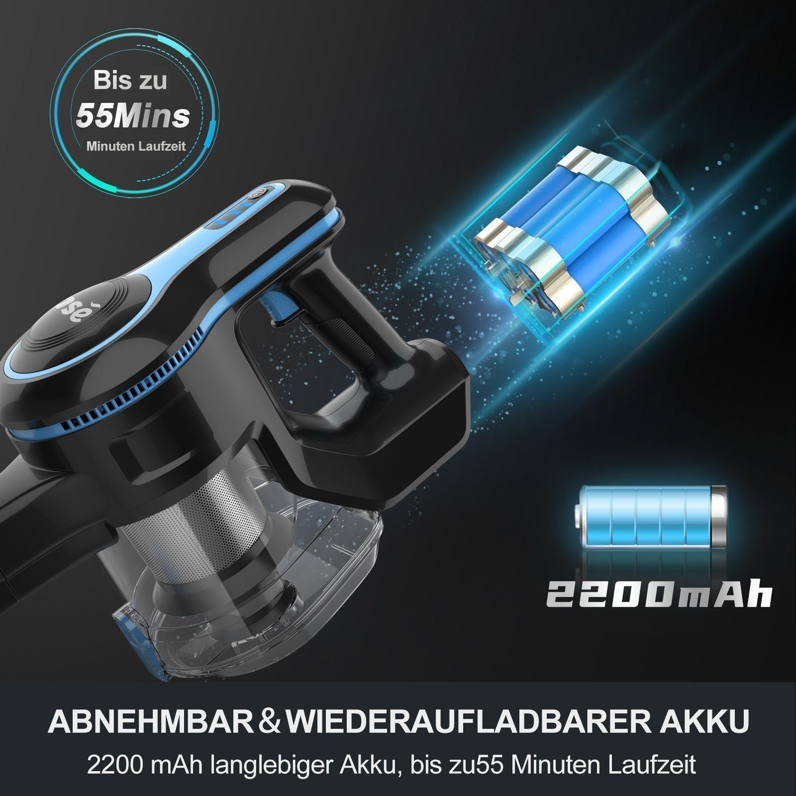 Ein kabelloser Staubsauger und ein Akku mit Text- und Grafikelementen.