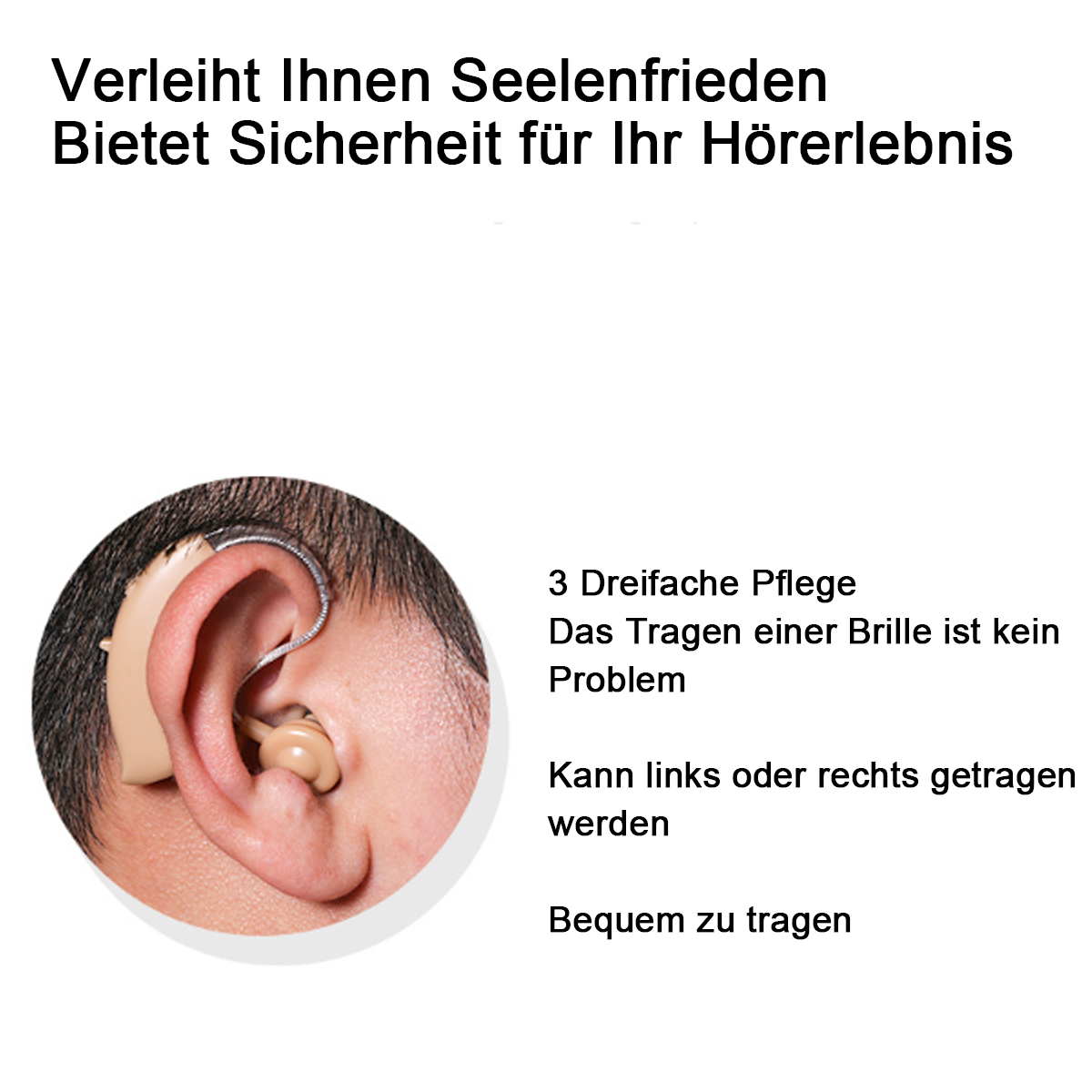 Nahaufnahme eines Hörgeräts im Ohr mit Text über Hörgeräte.