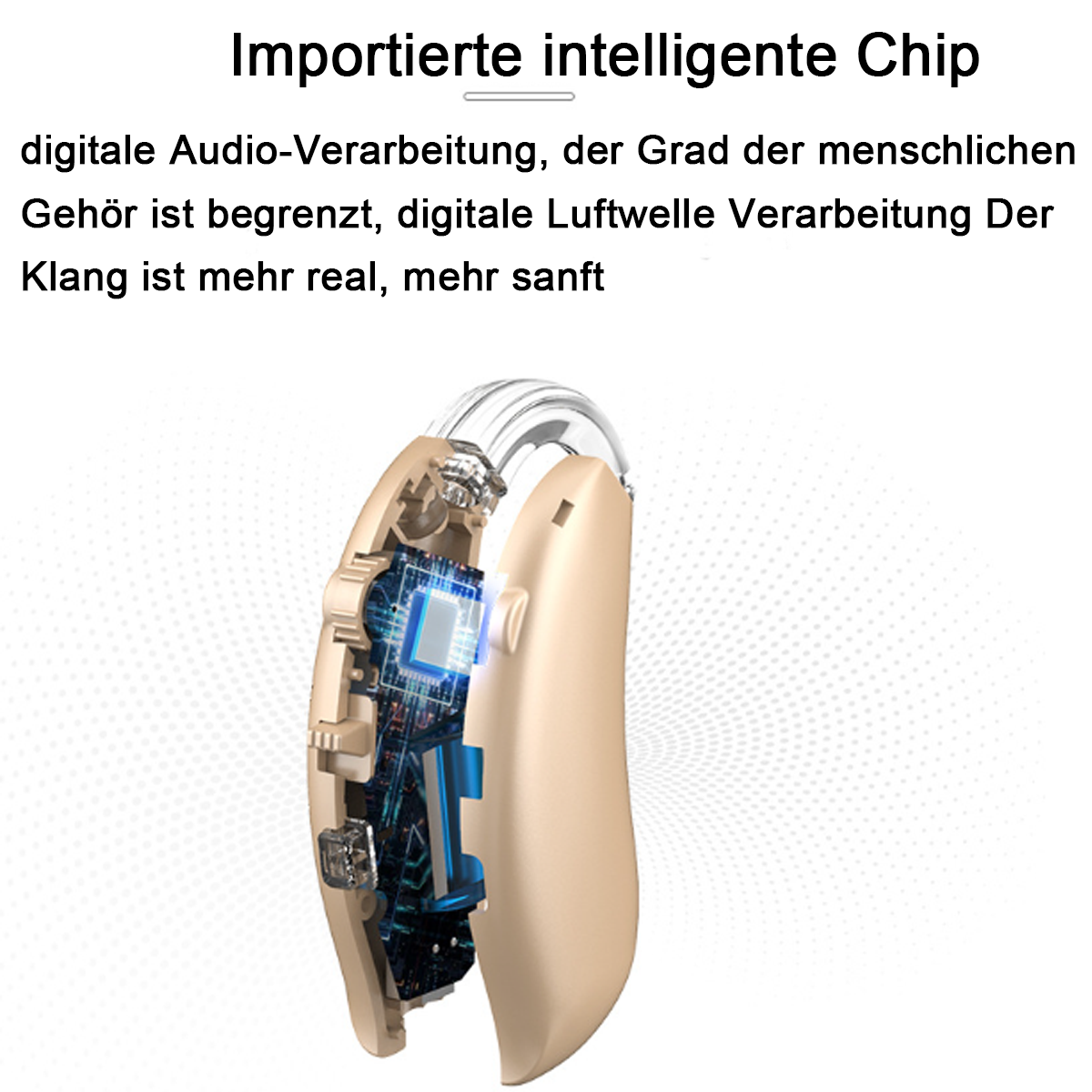 Hörgerät mit sichtbaren internen Komponenten. Das Gerät ist beige und hat eine blaue Platine.