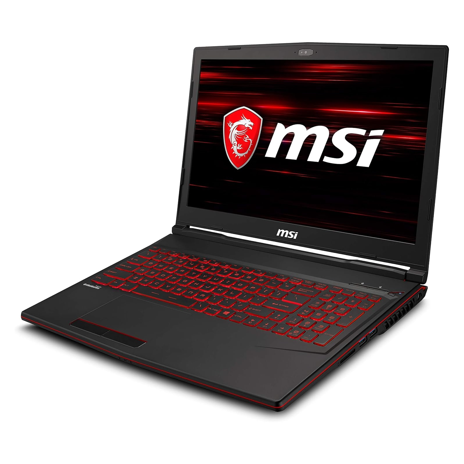 Laptop MSI nero. Lo schermo mostra il logo MSI con luci rosse. Luci rosse sulla tastiera.