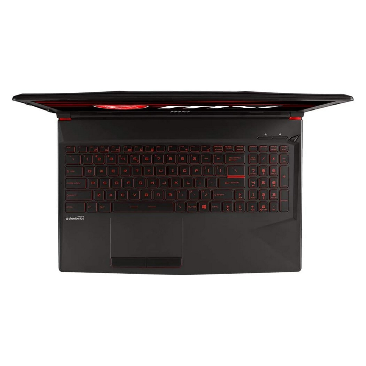 Laptop da gioco nero con illuminazione tastiera rossa, vista dall'alto, su una superficie bianca.