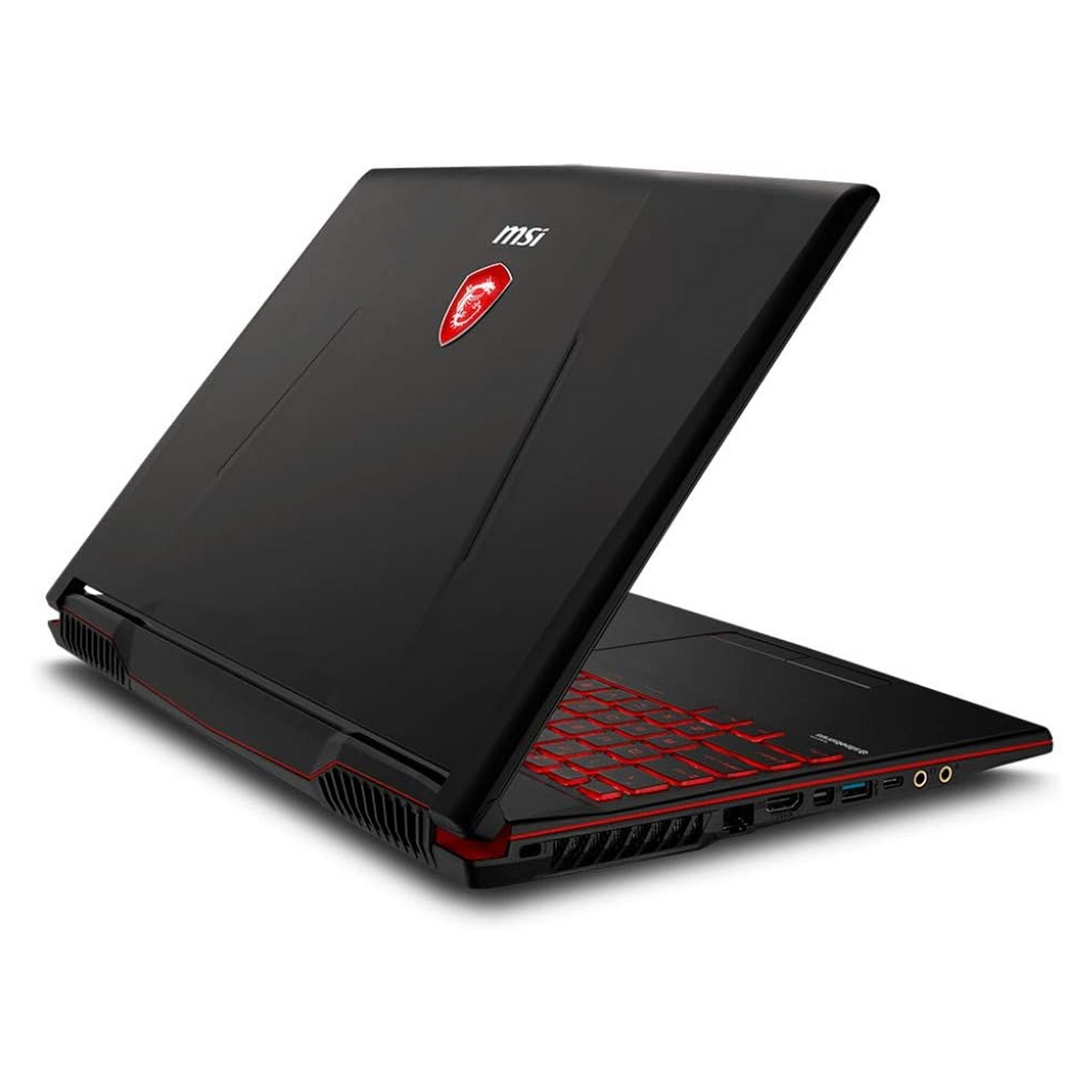 Laptop MSI nero angolato aperto, accenti rossi sulla tastiera e sui bordi. Logo MSI visibile.