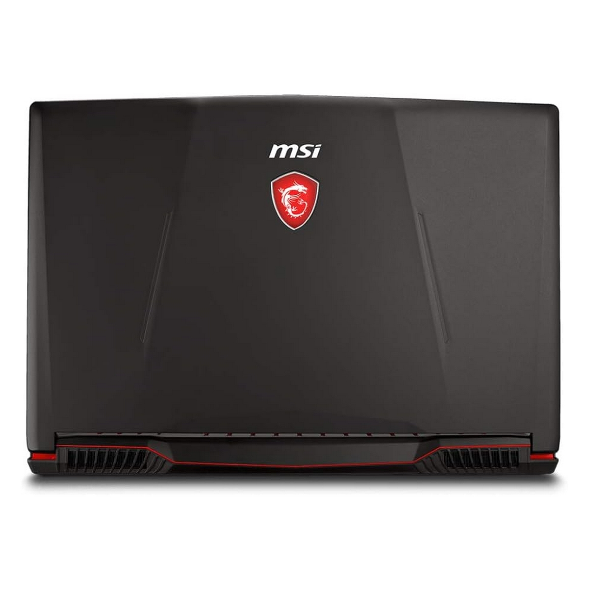 Il retro di un laptop MSI gaming nero con dettagli rossi e il logo MSI in alto.