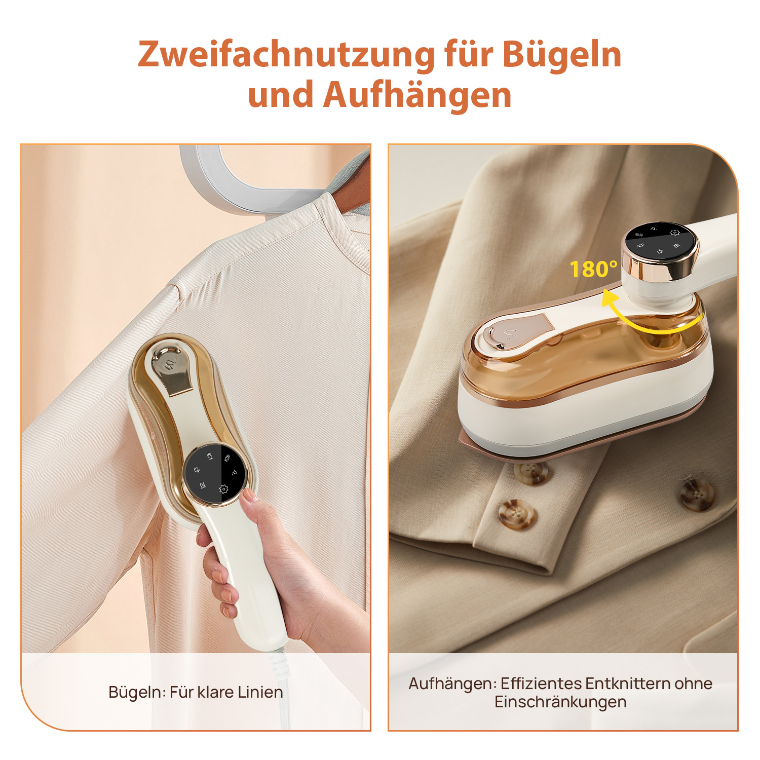Zwei Bilder, die einen Handdampfer zum Bügeln und Aufhängen von Kleidung zeigen.