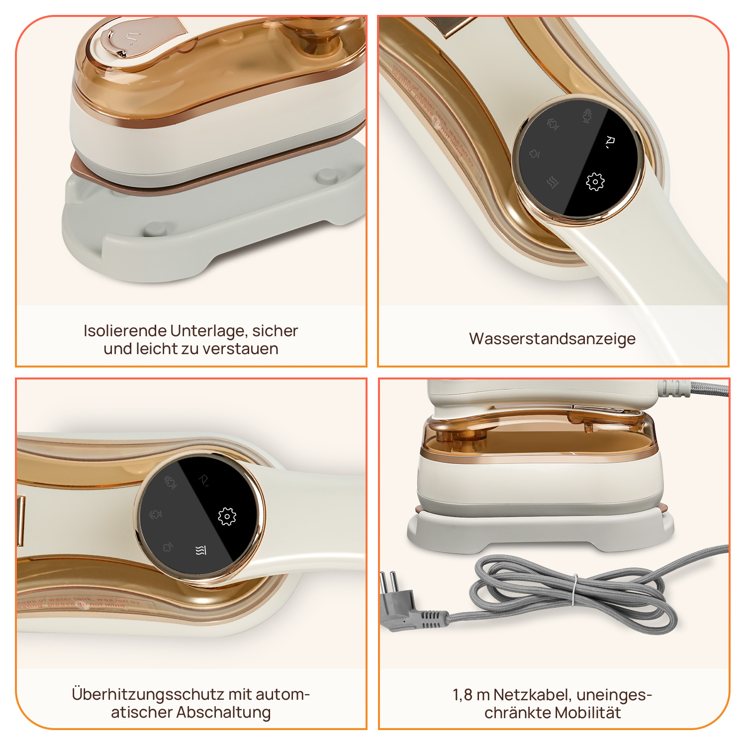 Mehrere Bilder eines weißen und goldenen Bügeleisens. Das Bügeleisen hat ein Bedienfeld und ein Netzkabel. Detaillierte Nahaufnahmen.