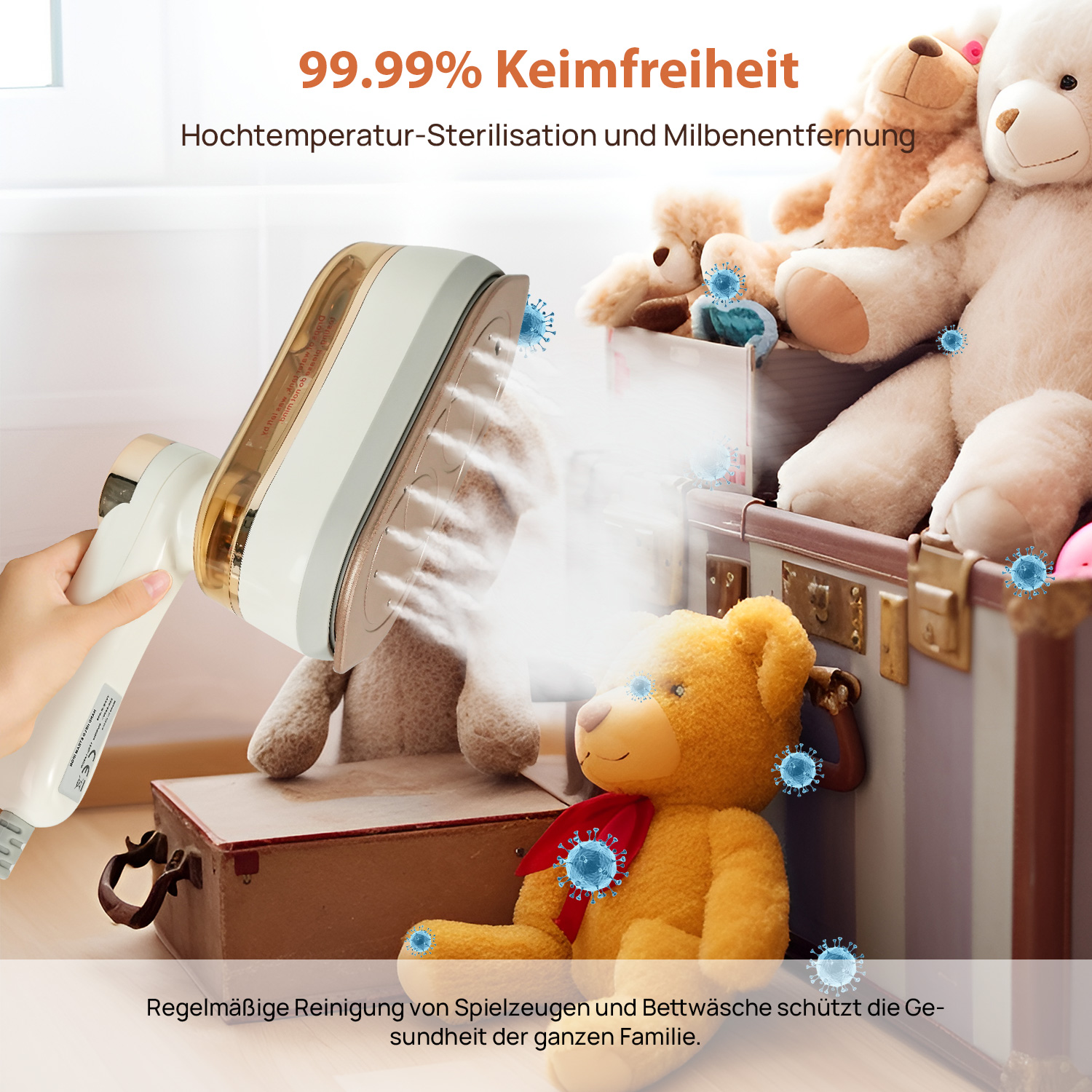 Ein Handdampfreiniger sprüht auf Stofftiere in einer Holzkiste, mit Text über Sterilisation.