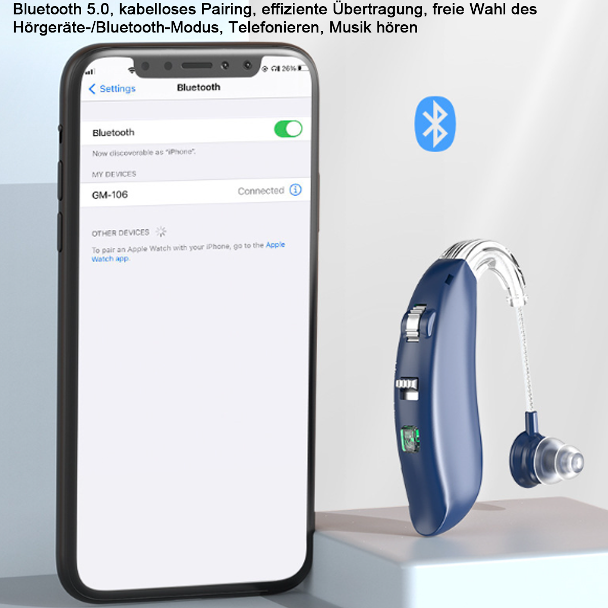 Smartphone-Bildschirm mit Bluetooth-Einstellungen, gekoppelt mit einem blauen Hörgerät.