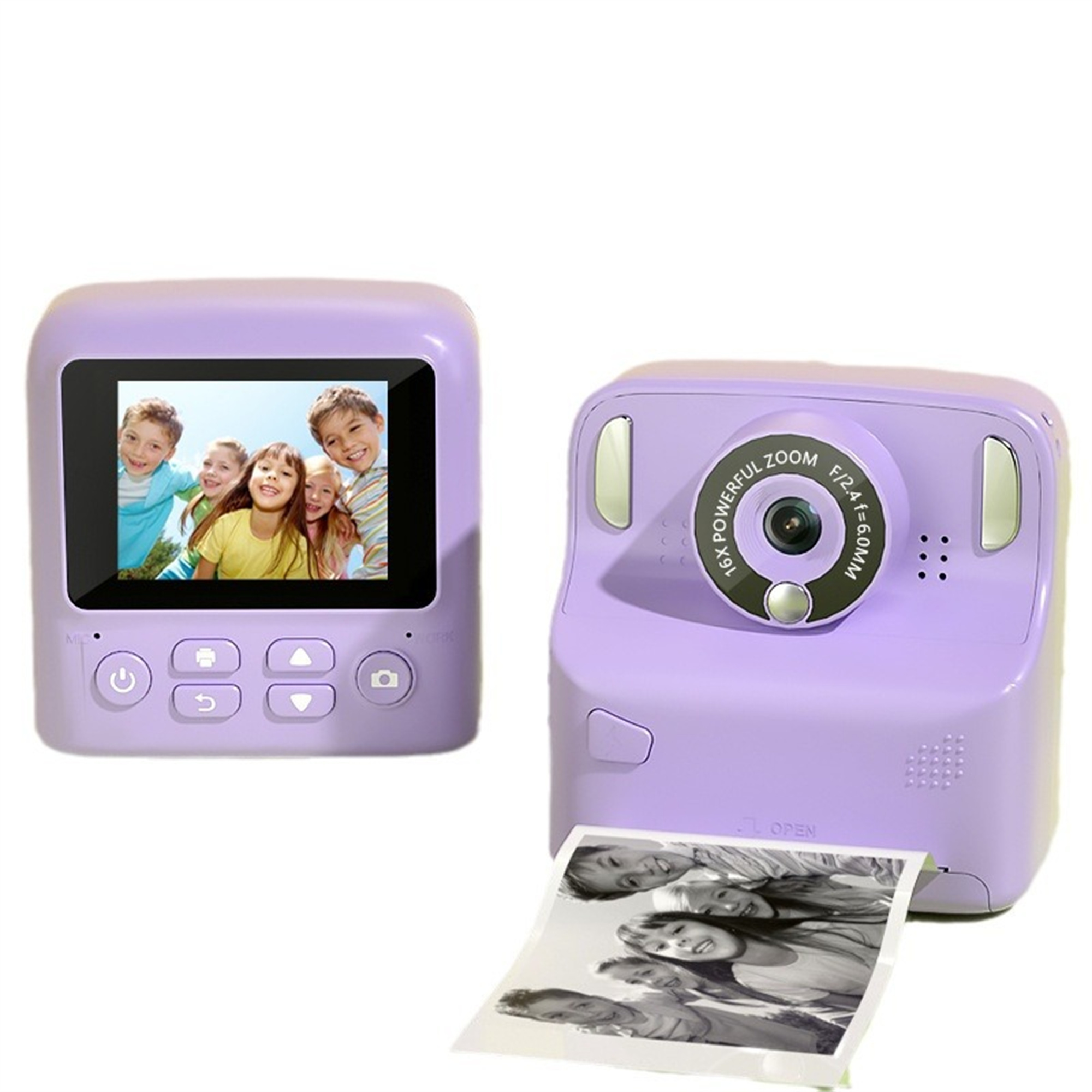 Lila Sofortbildkamera mit Bildschirm und gedrucktem Foto. Kinderbild auf dem Bildschirm.