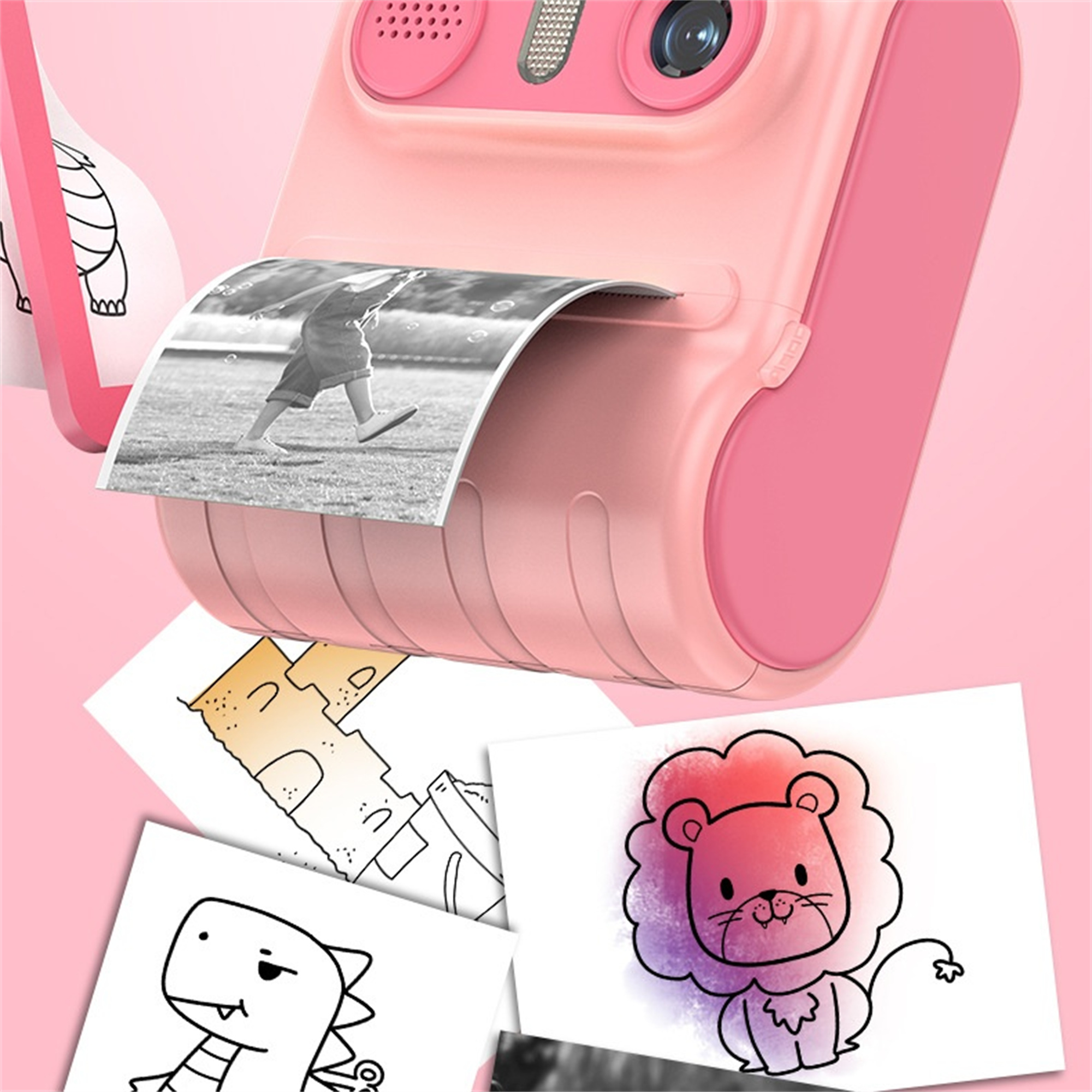 Eine rosa Sofortbildkamera, die Fotos mit Cartoonzeichnungen ausdruckt.