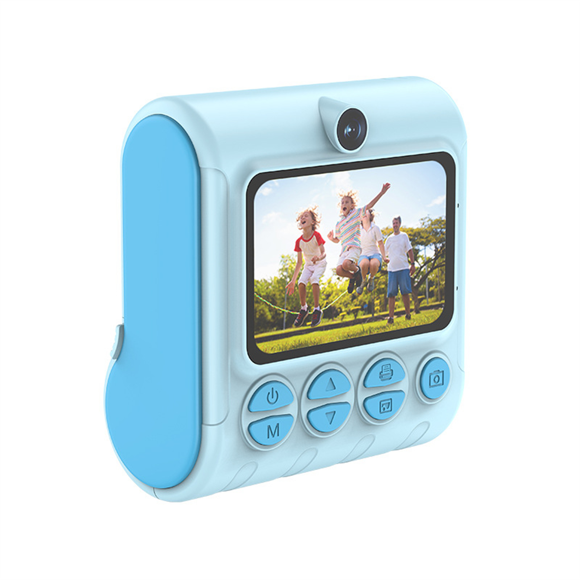Eine blau-weiße Sofortbildkamera mit einem Bildschirm, der eine springende Familie zeigt.