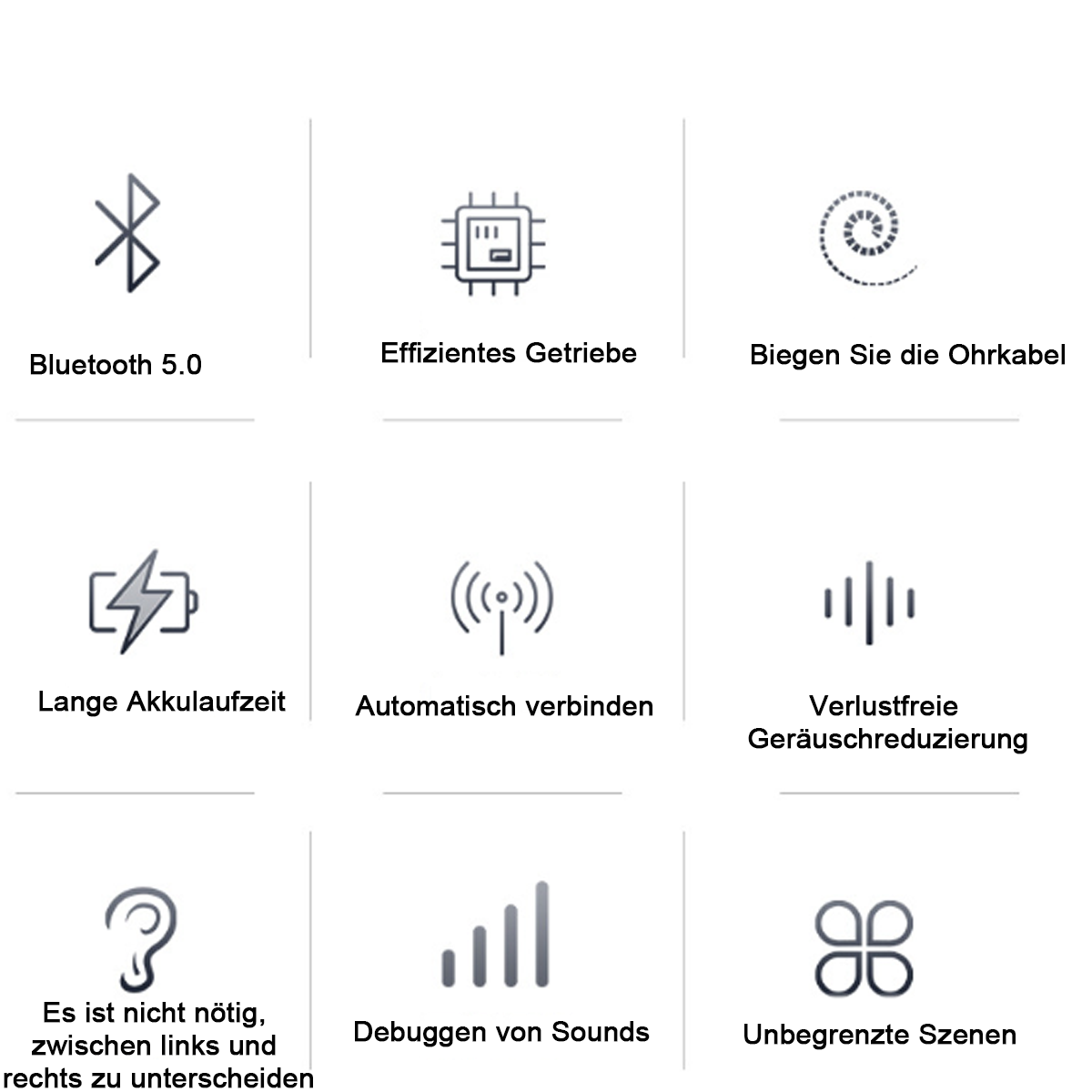 Ein Raster von Symbolen, darunter Bluetooth, effizientes Laufwerk und automatische Verbindung.