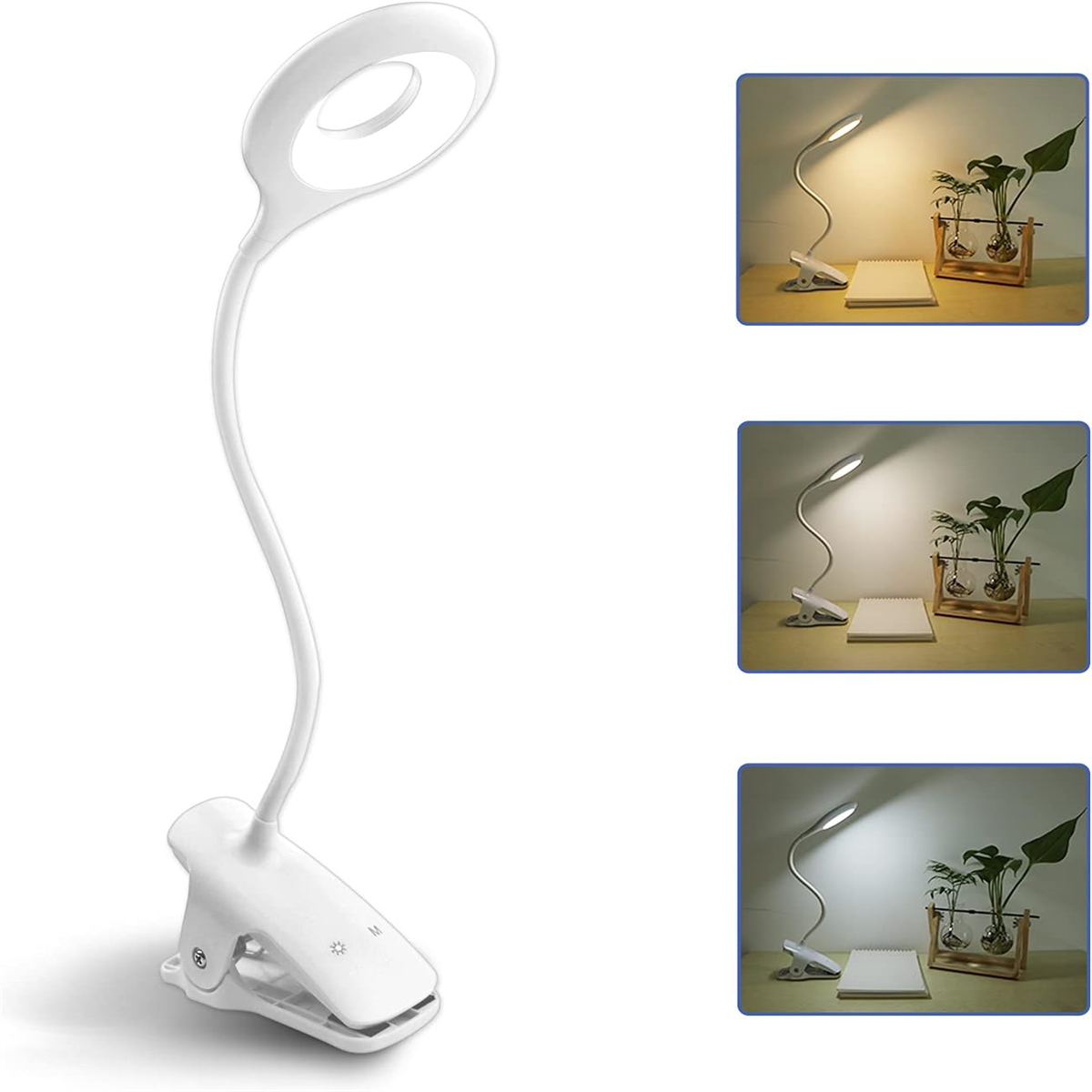 Weiße Schreibtischlampe mit Clip und verstellbarem Kopf, drei zusätzliche Szenen.