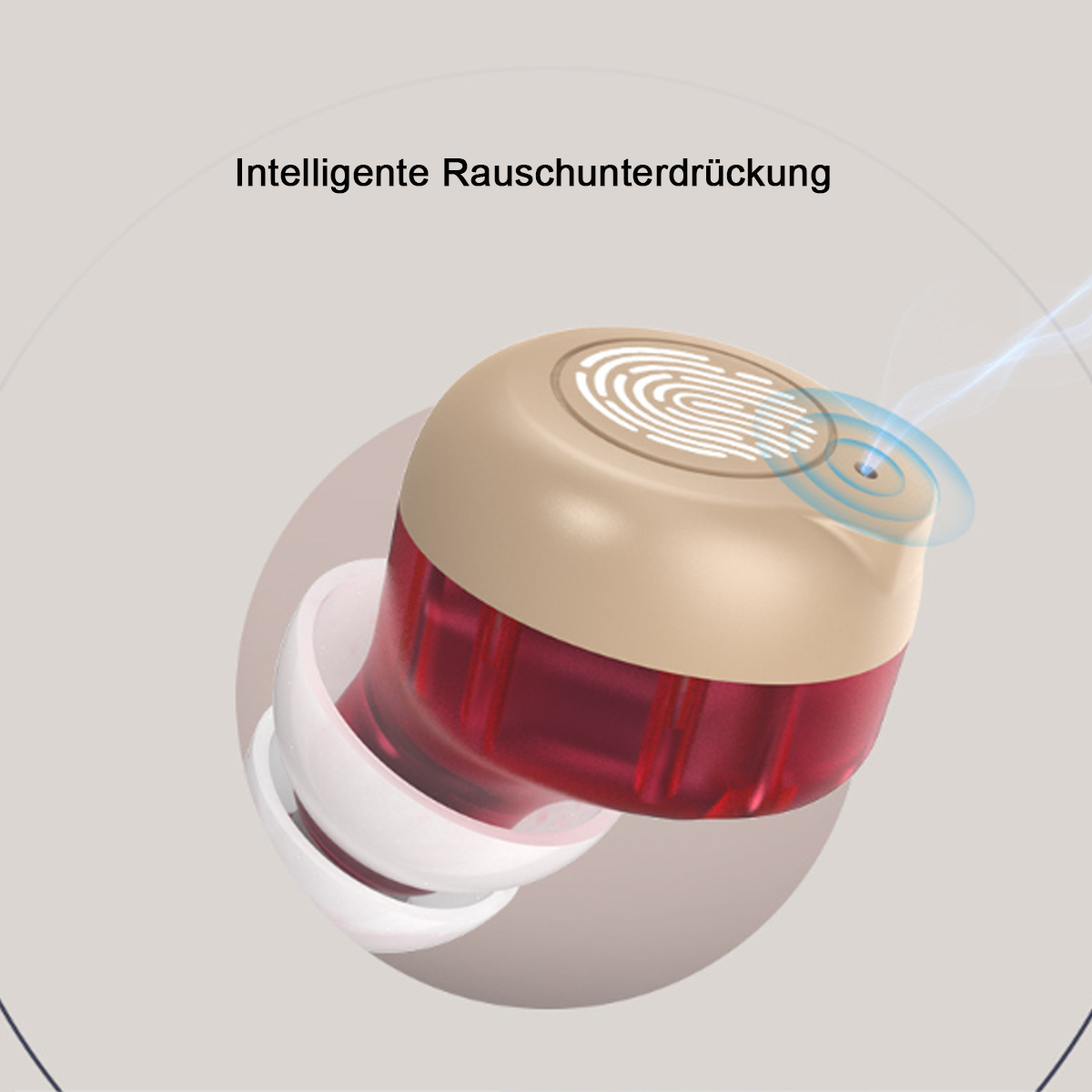 Nahaufnahme von kabellosen Ohrhörern. Einer ist hellbraun und rot, mit Fingerabdruckmuster. Text: 'Intelligente Rauschunterdrückung'.