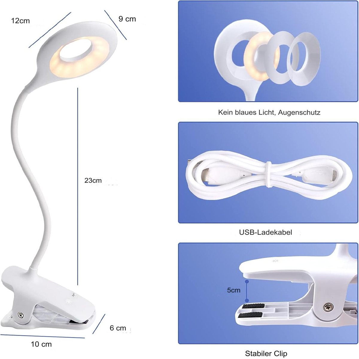 Eine weiße Schreibtischlampe mit Ringlicht, verstellbarem Arm und Clip-Basis, mit Detailbildern.
