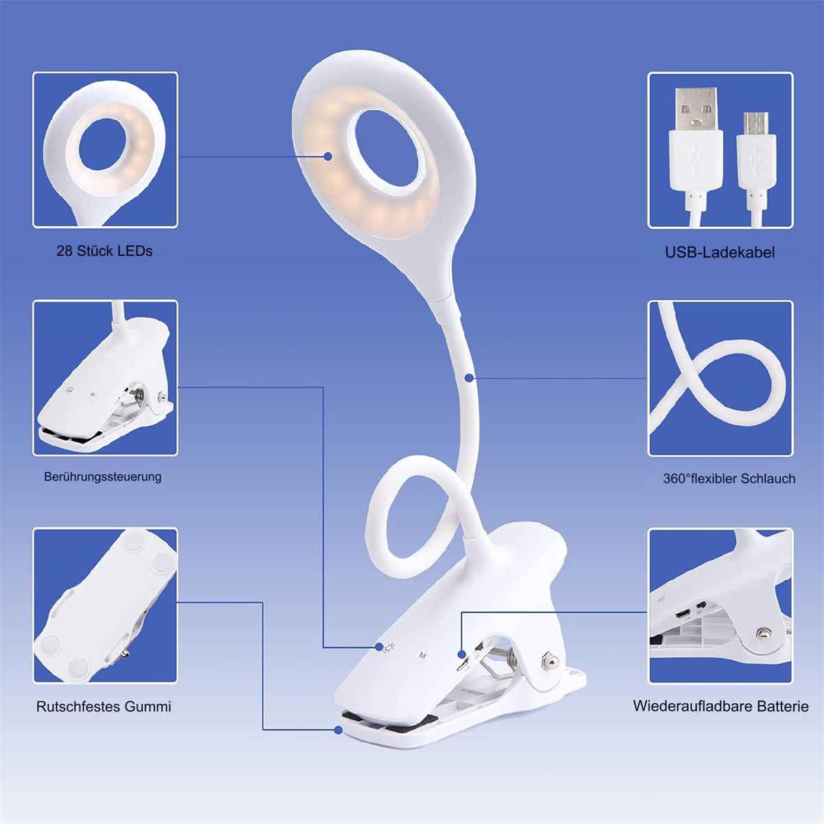 Eine weiße Schreibtischlampe mit flexiblem Hals und mehreren Funktionen wird gezeigt.