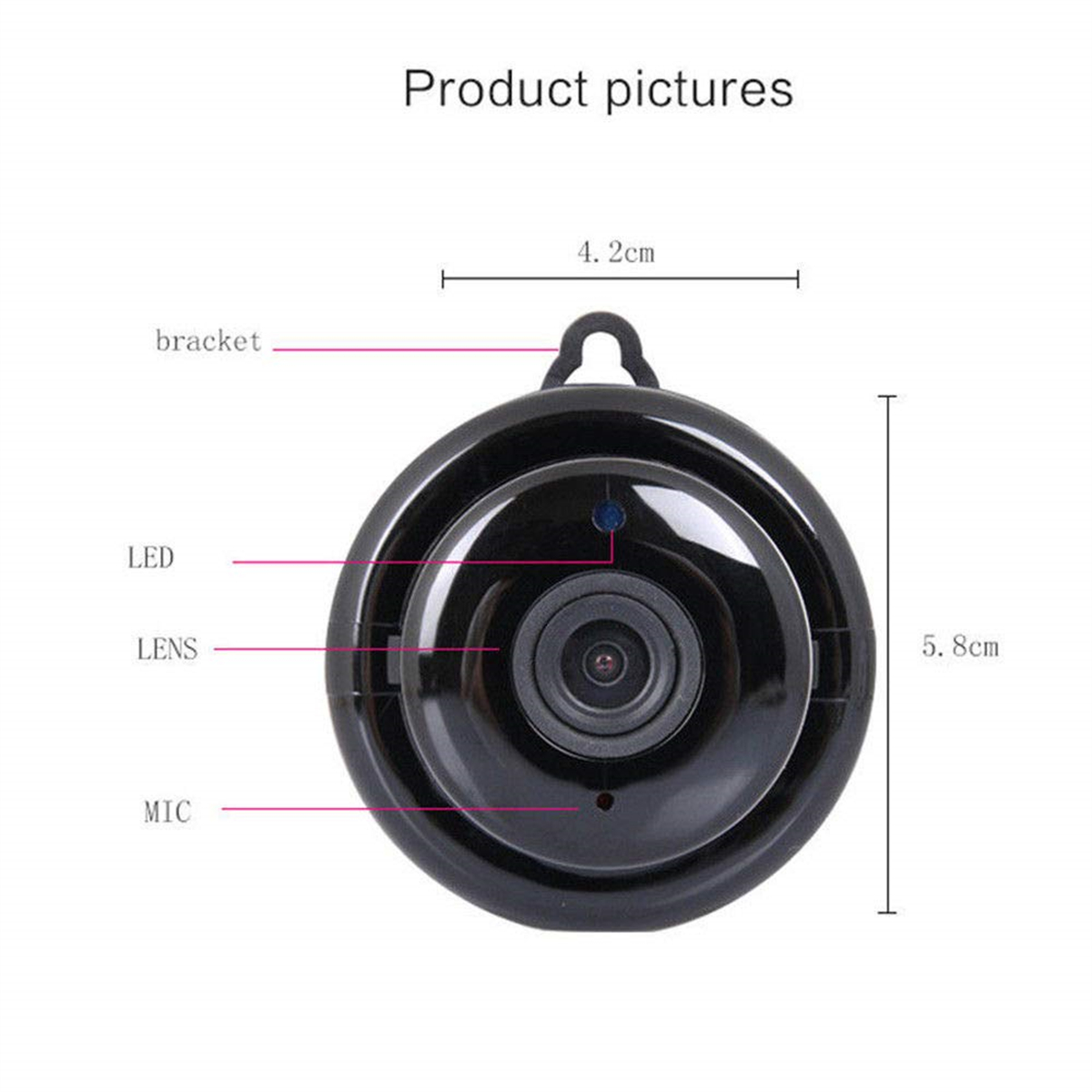 Schwarze Überwachungskamera mit angegebenen Abmessungen. Text: Produktbilder. Halterung, LED, Linse, MIK.