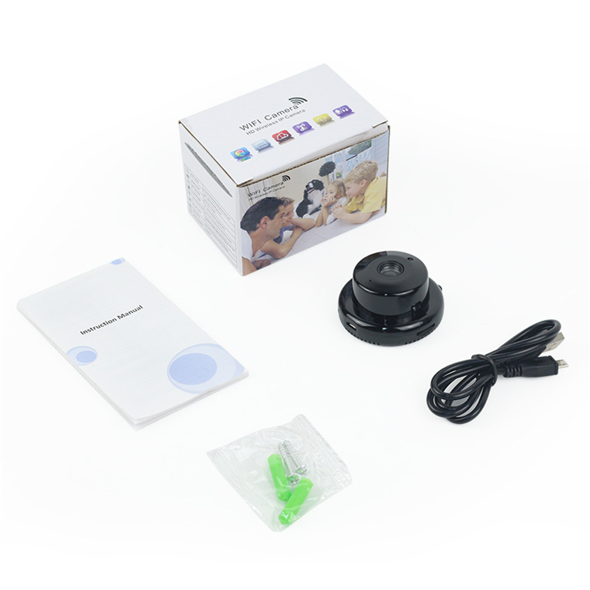 Kamera-Kit mit Kamera, Box, Bedienungsanleitung, Schrauben und Kabel.
