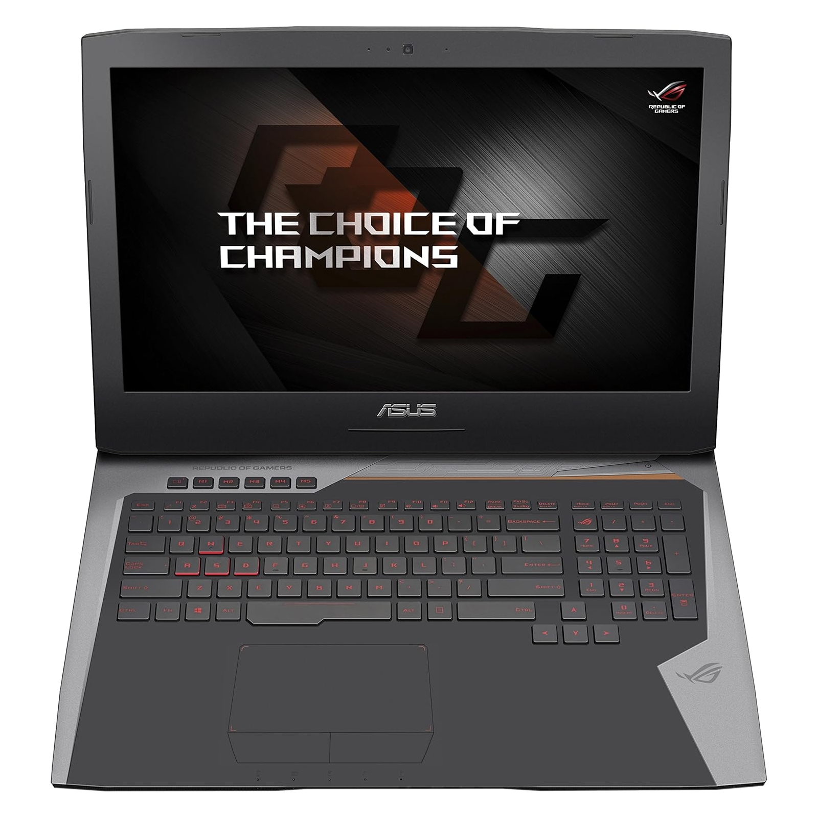 Un laptop da gioco ASUS aperto, con tastiera illuminata di rosso e la scritta 'THE CHOICE OF CHAMPIONS'.