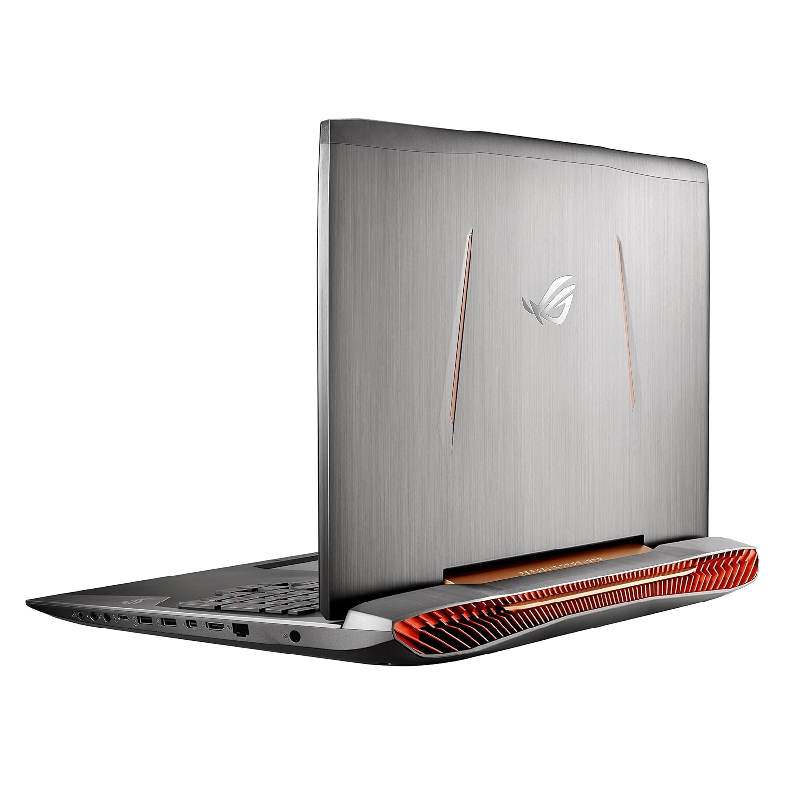 Un laptop dal design distintivo, aperto ad angolo, che mostra uno schermo con un logo.
