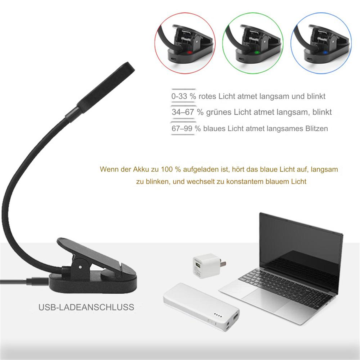 Schwarzes USB-Leselicht mit Clip. Außerdem sind ein Laptop, eine Powerbank und ein Ladegerät sichtbar.