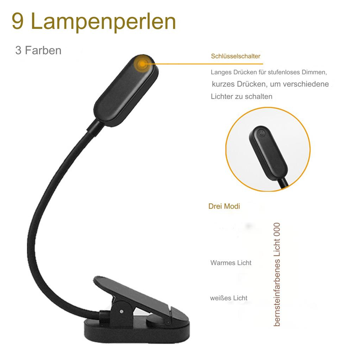 Schwarze Leselampe mit flexiblem Arm und Clip, Text über Funktionen.