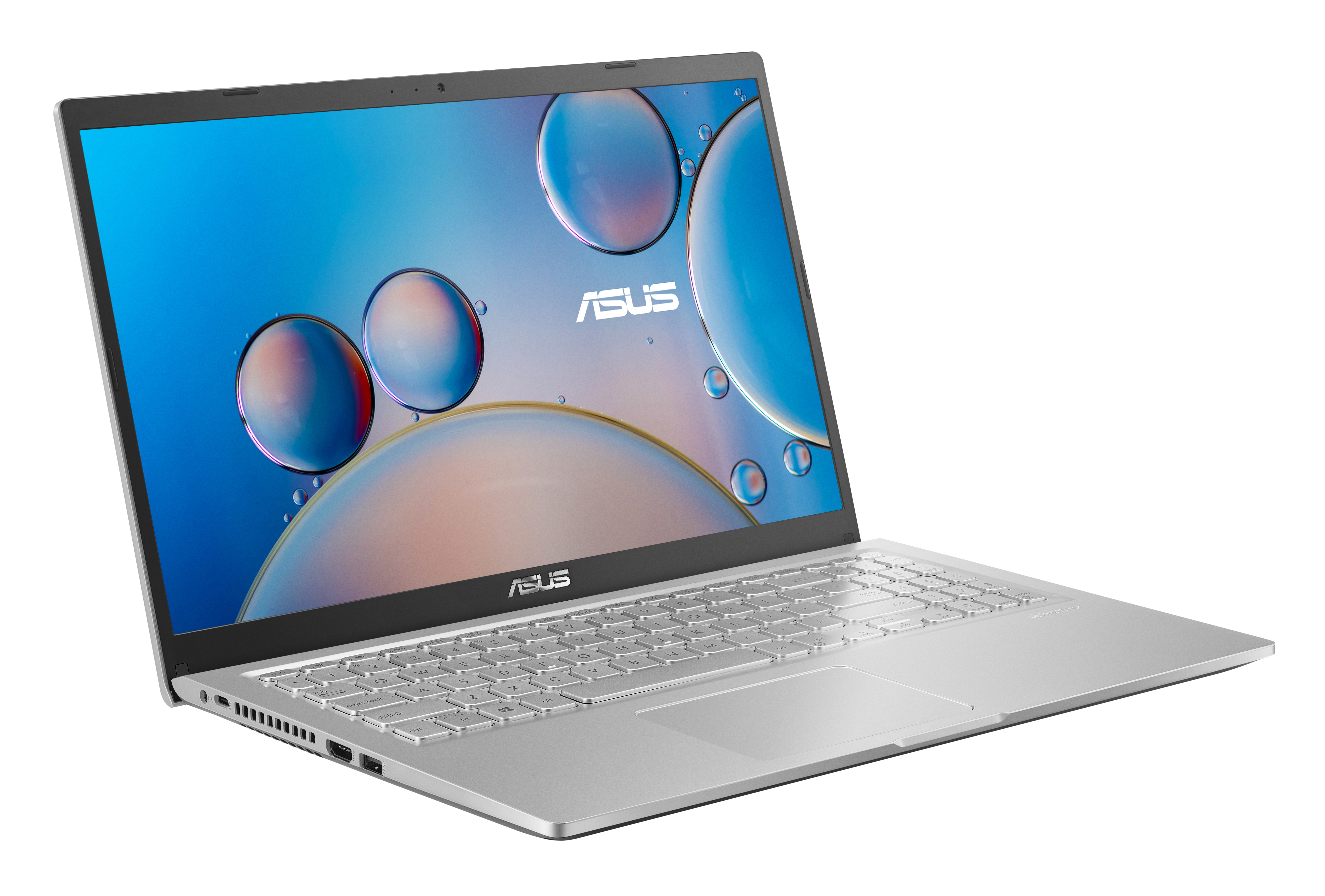 Laptop ASUS argentato, aperto, che mostra lo schermo. Logo ASUS sulla cornice inferiore. Sfondo blu brillante.