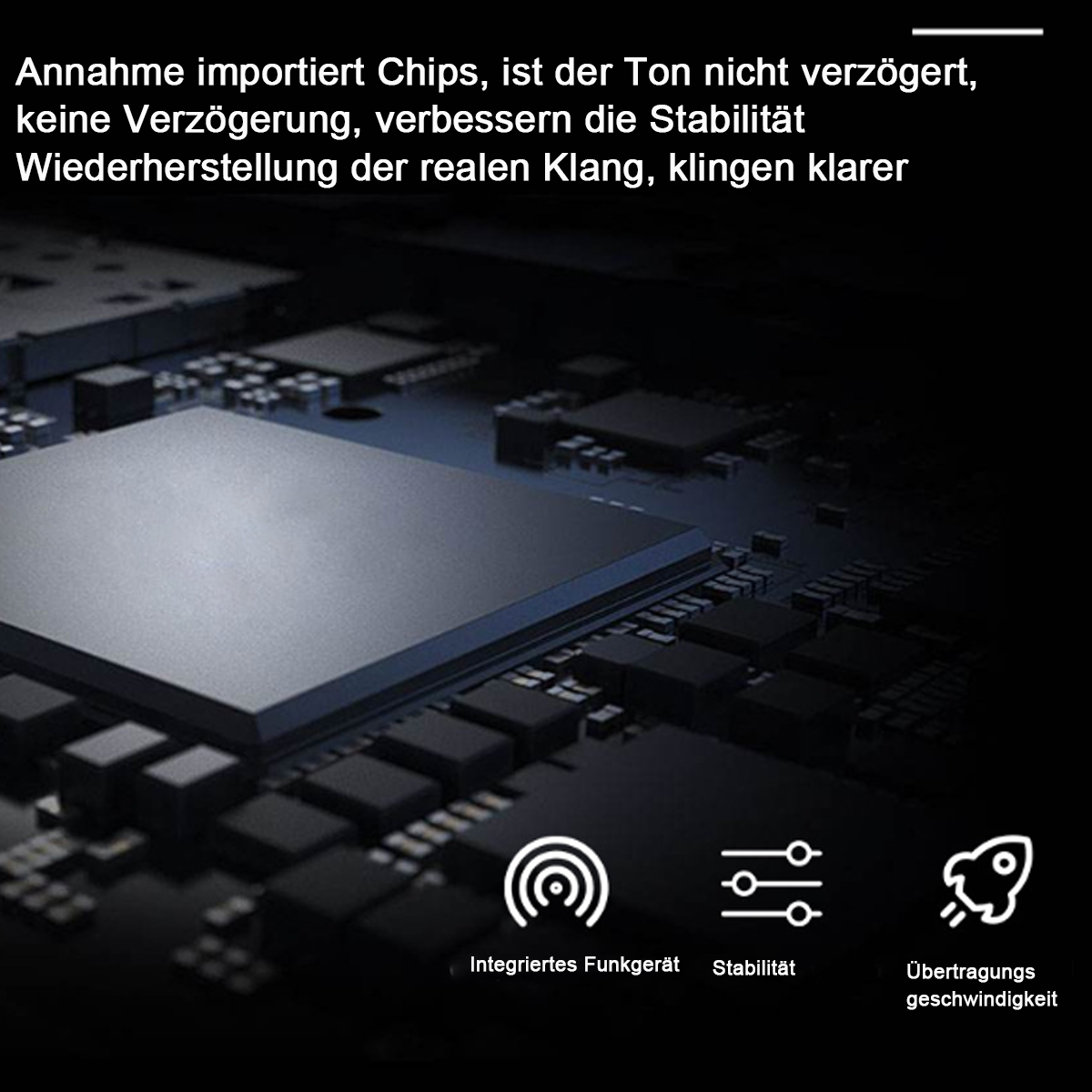 Nahaufnahme einer Platine mit Textüberlagerungen. Elektronische Bauteile und Symbole sind sichtbar.