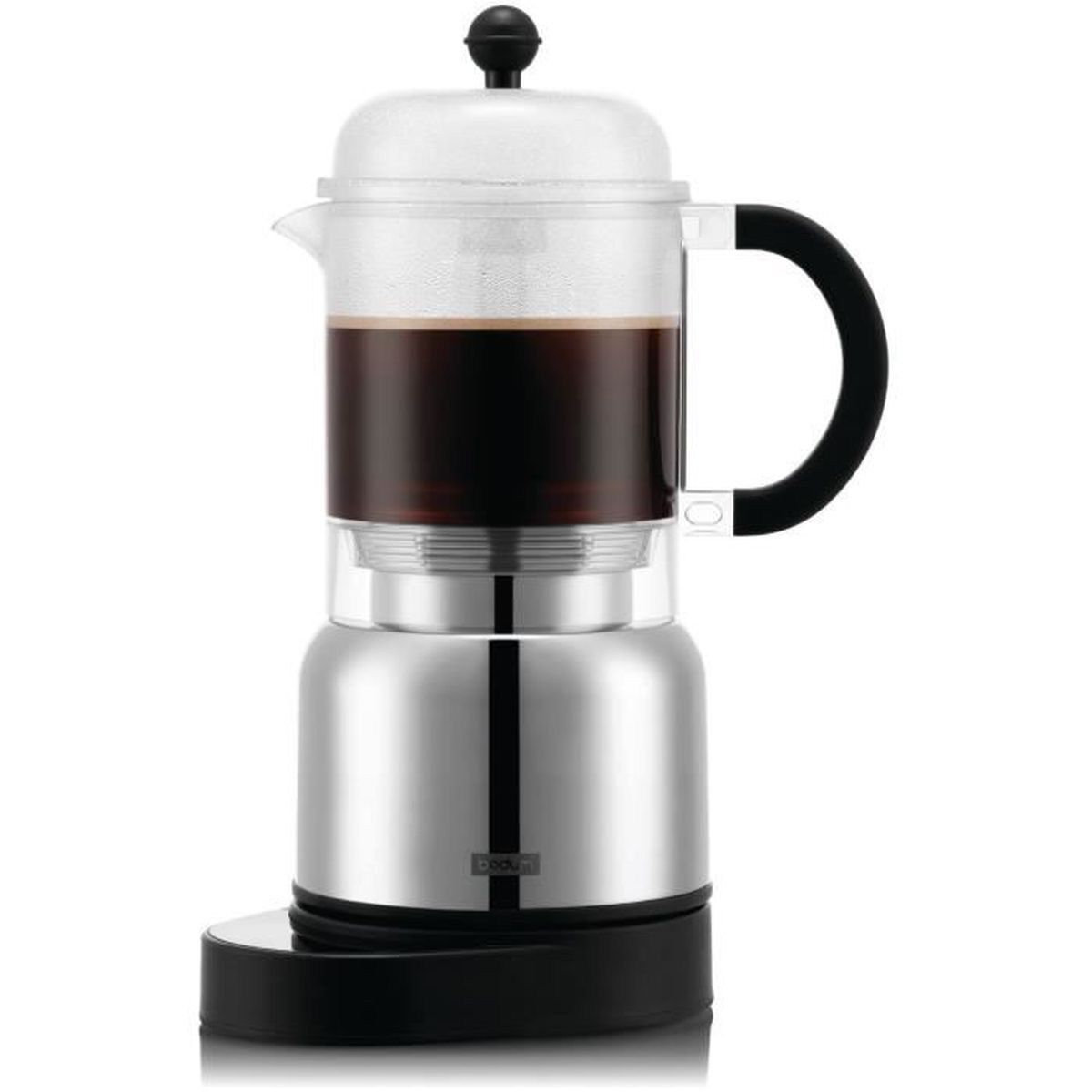 Eine silberne und gläserne Kaffeemaschine mit schwarzem Griff und Sockel.