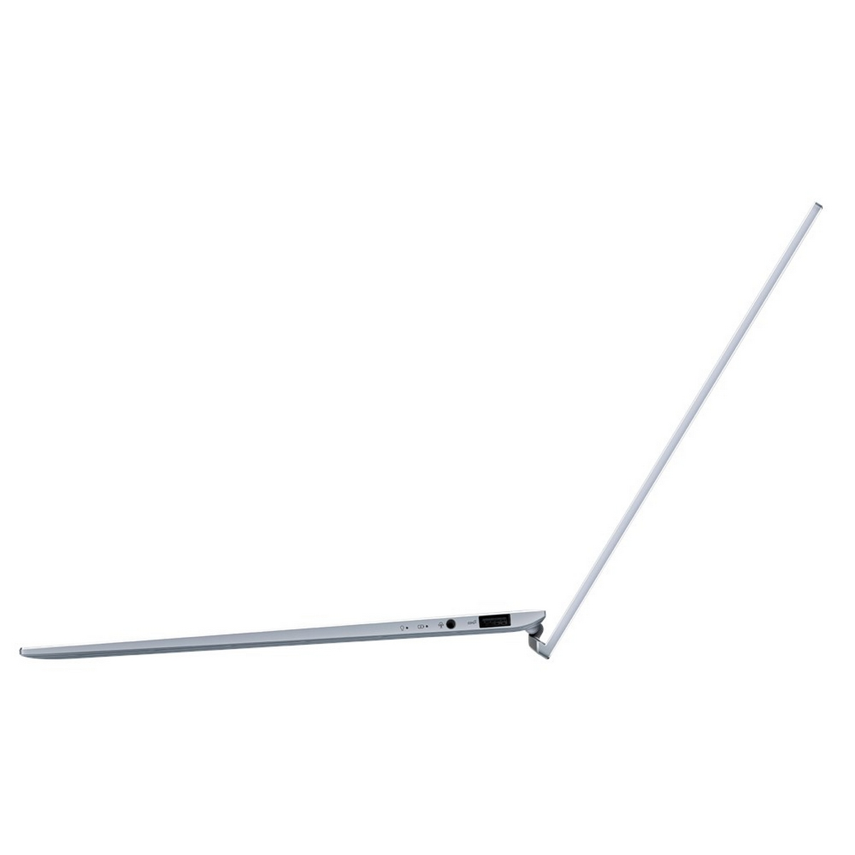 Vista laterale di un laptop argentato, aperto e angolato verso l'alto. Mostra porte e design sottile.