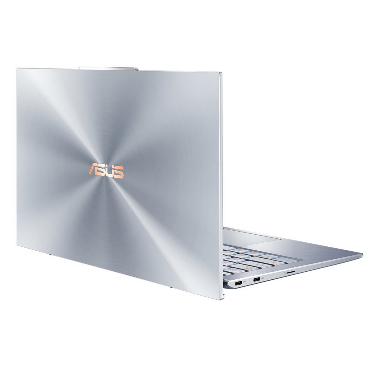 Laptop ASUS argentato. La parte posteriore è visibile, con il logo ASUS, su sfondo bianco.