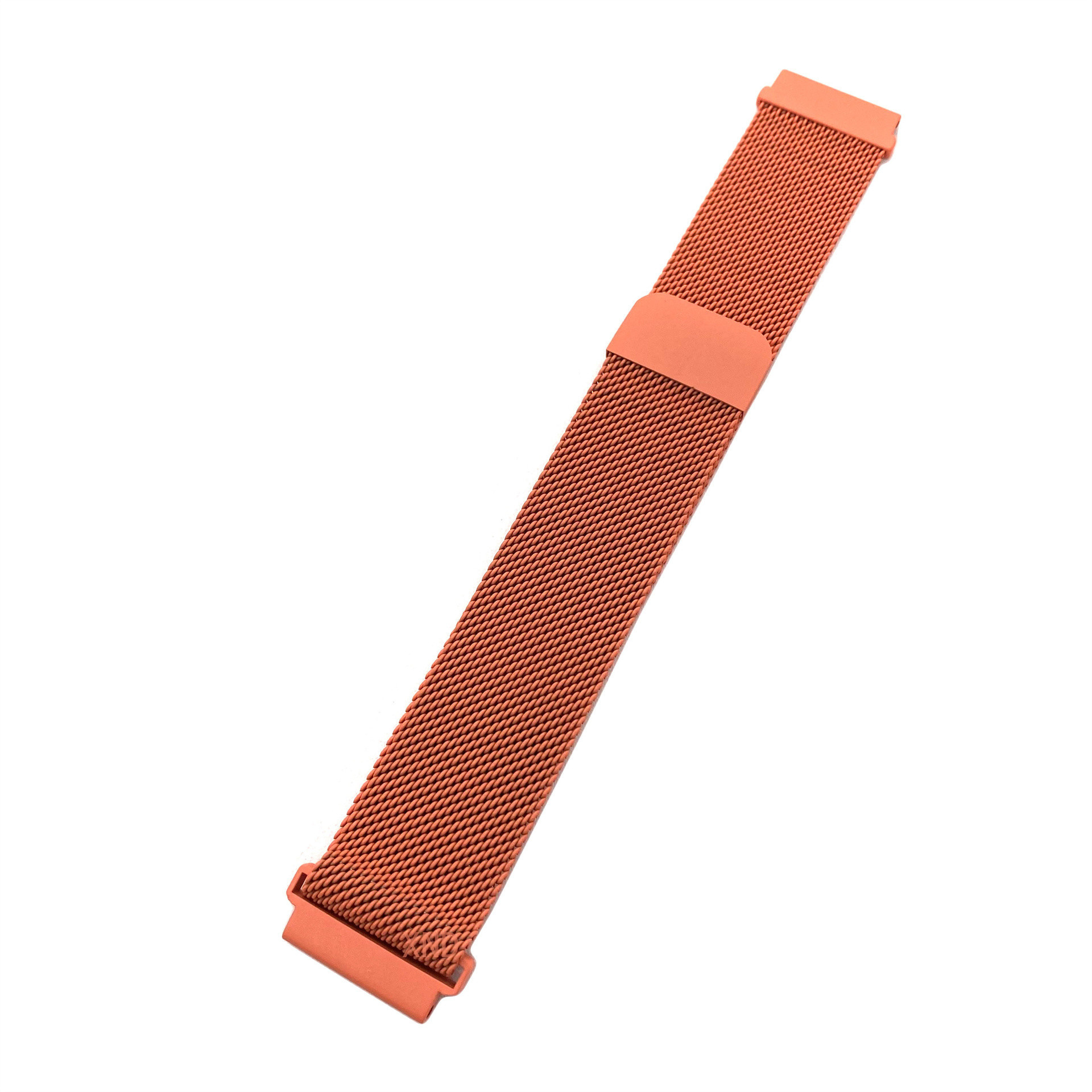 Ein orangefarbenes Mesh-Uhrenarmband auf weißem Untergrund.
