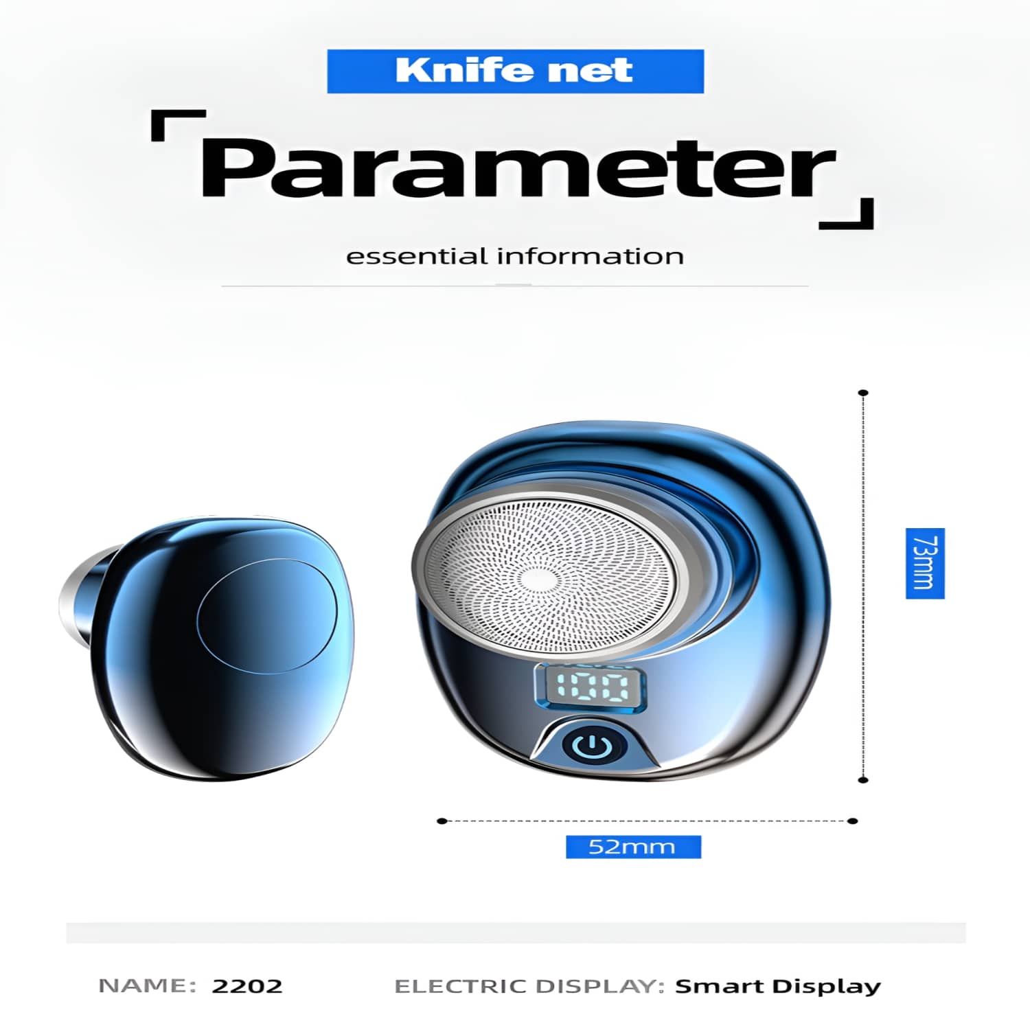 Ein blauer Elektrorasierer mit Digitalanzeige und passendem Ohrhörer, mit Text und Maßen.