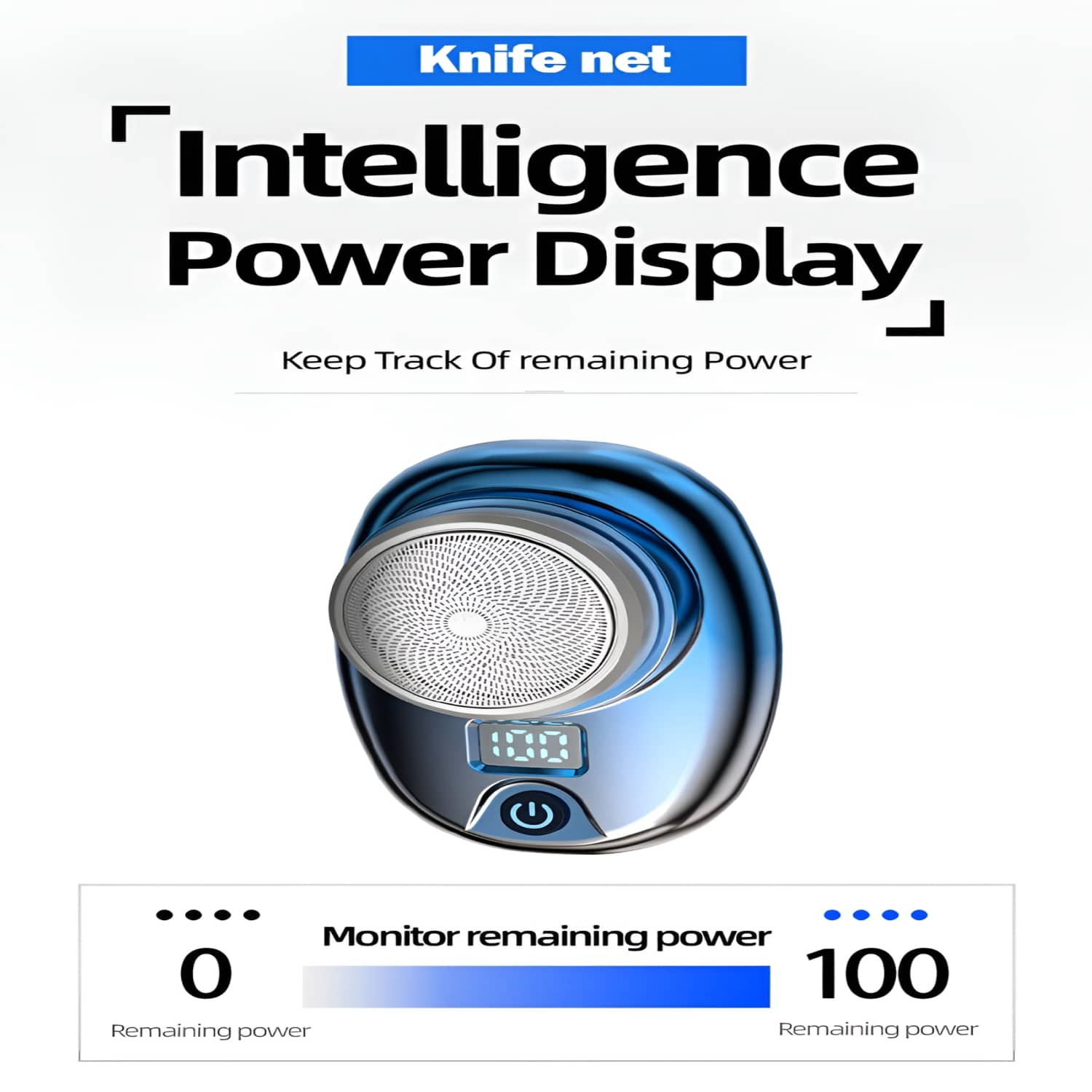 Blau-silberner elektrischer Rasierer mit Display. Zeigt die verbleibende Leistung. Text sagt: Intelligence Power Display.