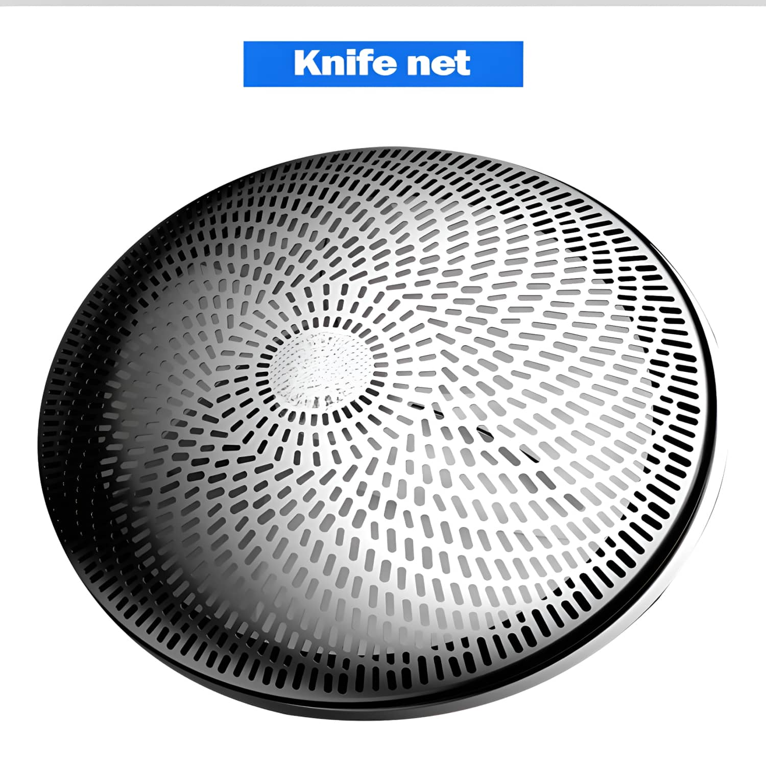 Ein Edelstahl-Rasiernetz mit vielen Löchern, mit dem Text 'Messernetz'.