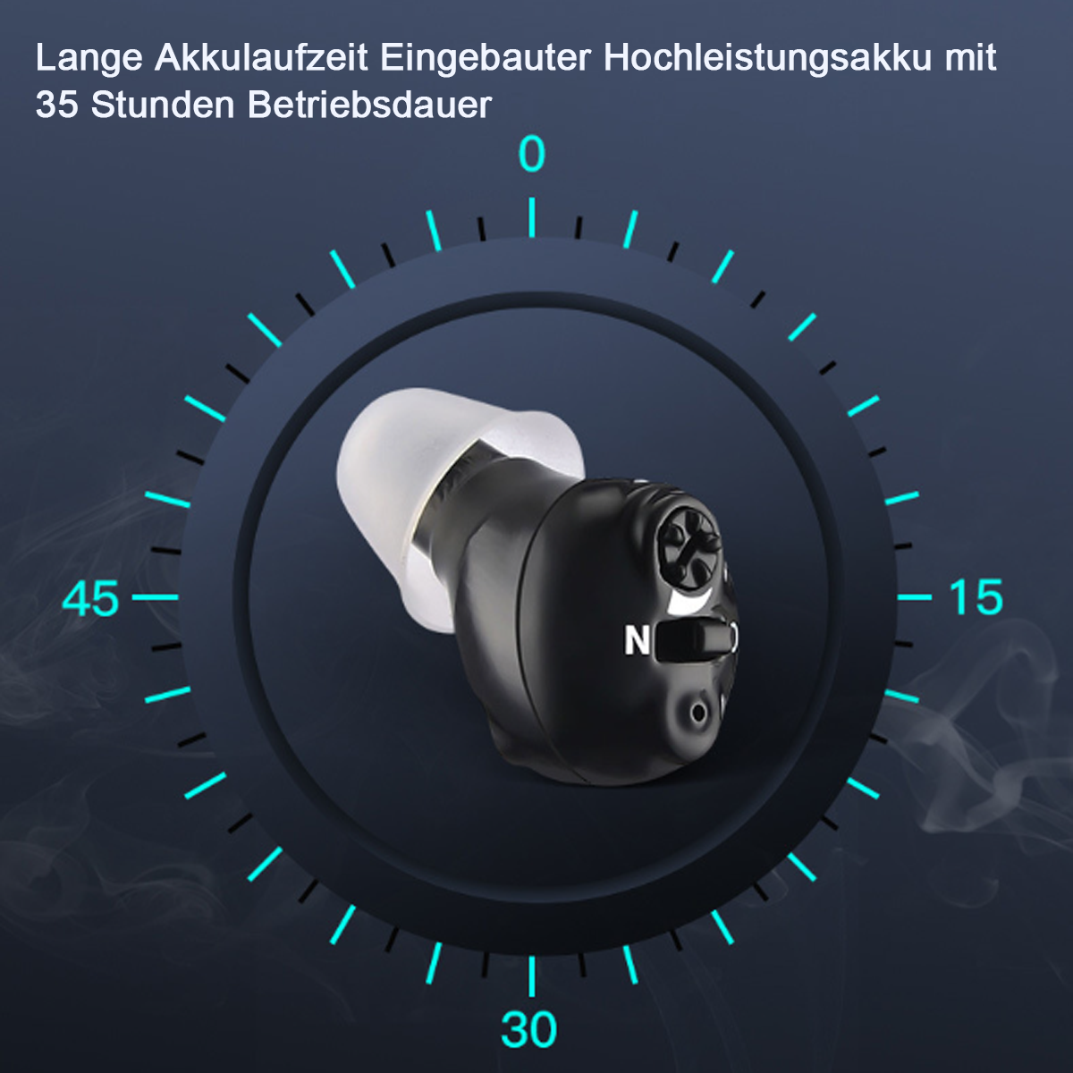 Ein schwarzes In-Ear-Hörgerät mit Zeitanzeige in kreisförmigem Design auf dunklem Hintergrund.