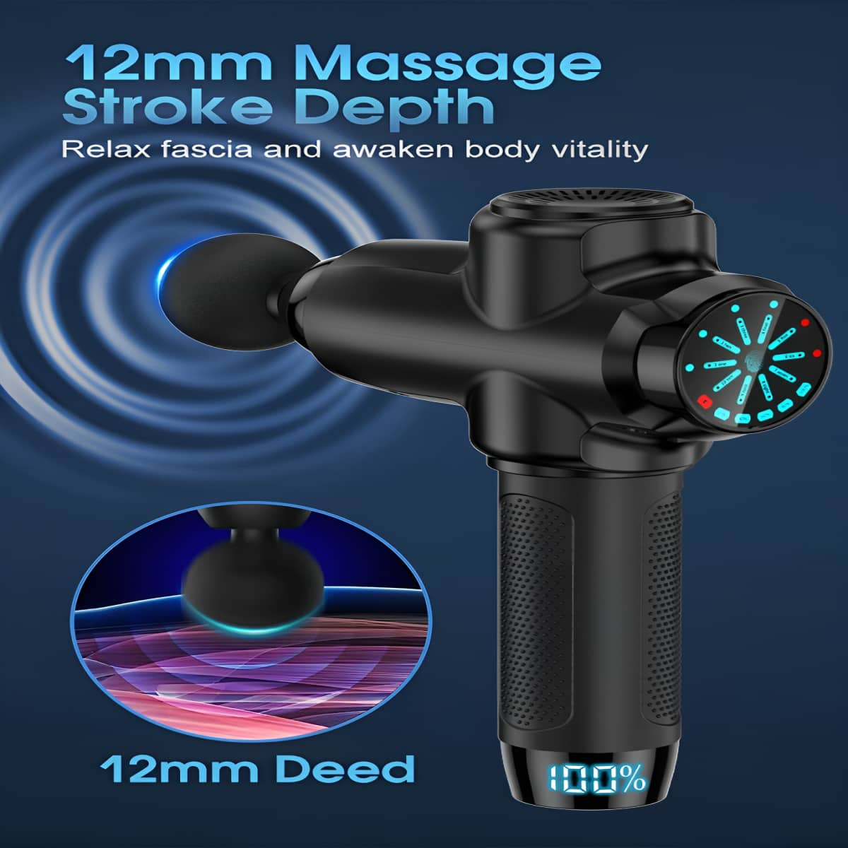 Schwarze Massagepistole mit blauen Akzenten. Zeigt Einstellungen und Muskelgewebe.