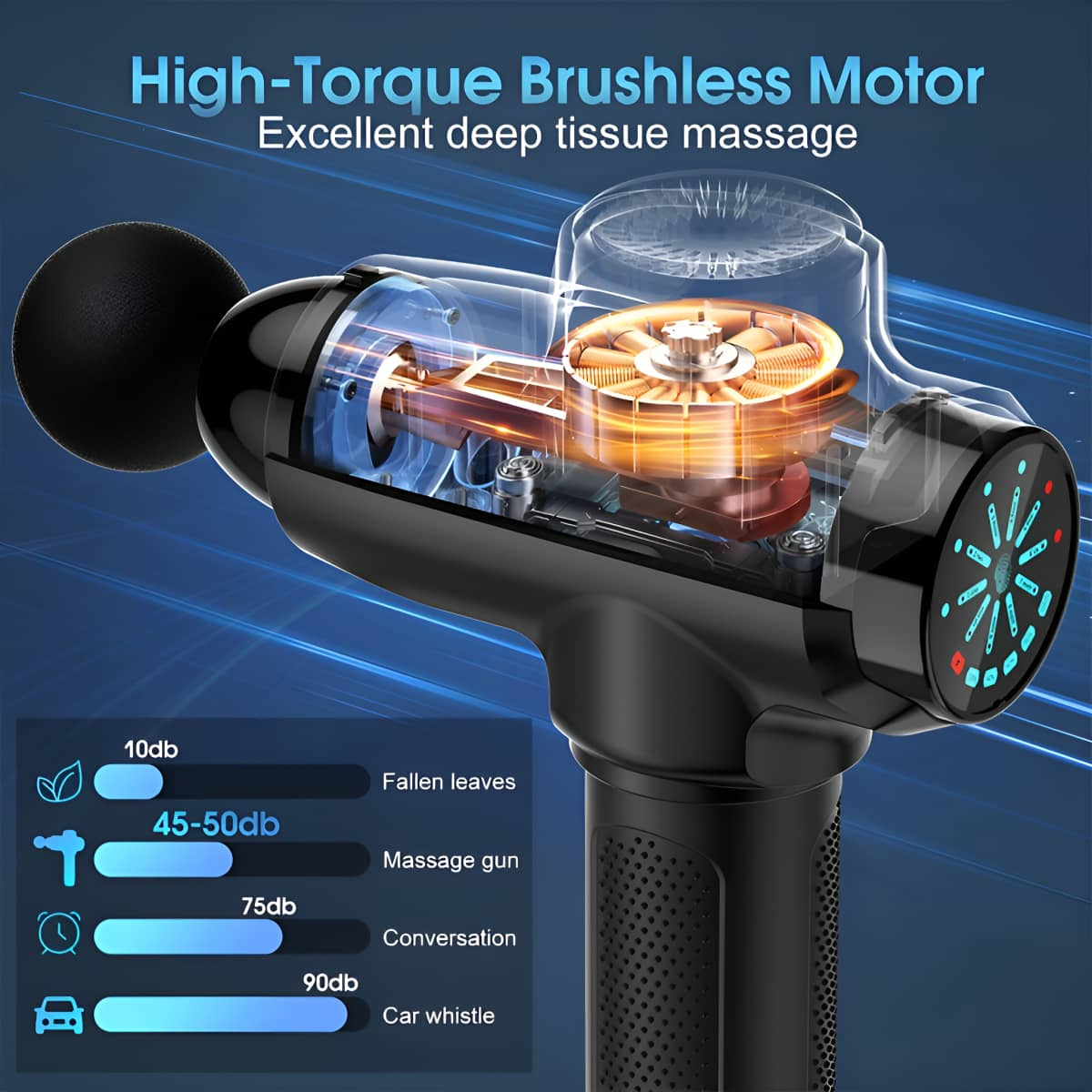 Eine Massagepistole mit detaillierter Ansicht des Motors.