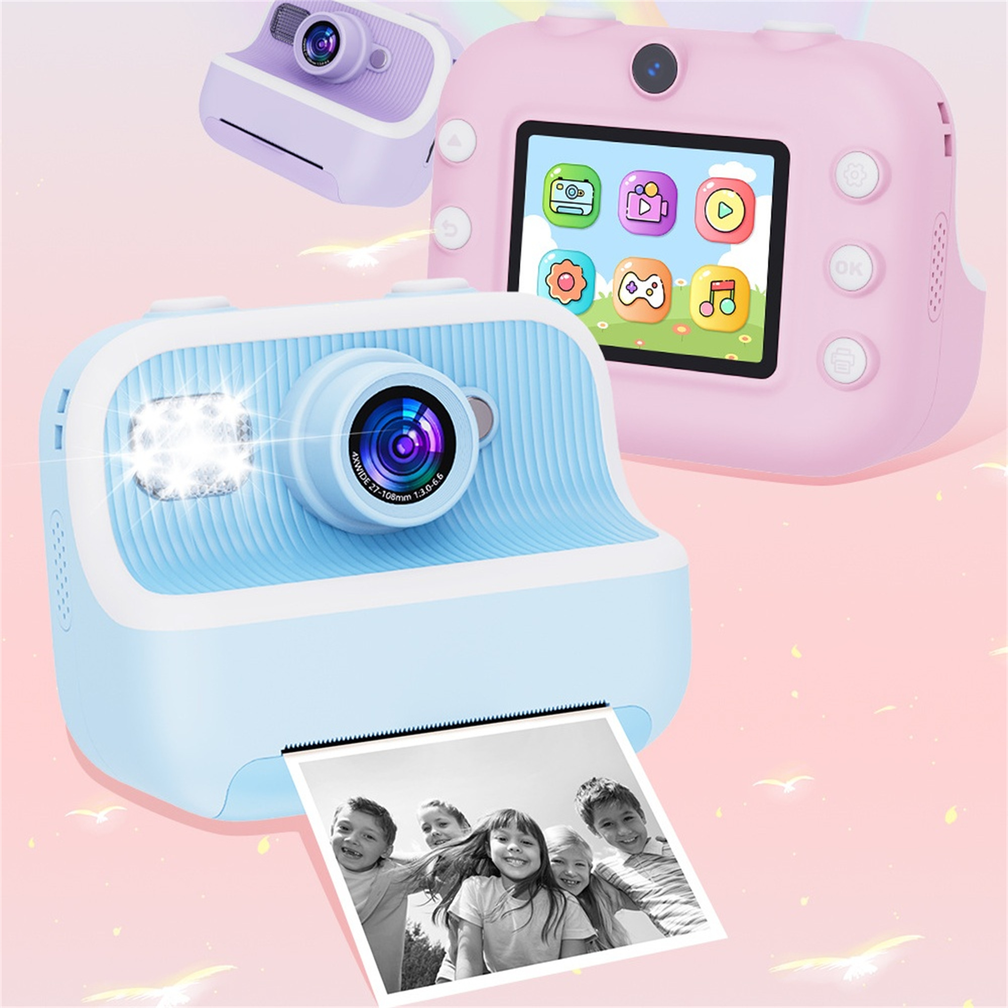 Rosa und blaue Spielzeugkameras mit einem gedruckten Foto von Kindern. Eine Lavendel-Kamera schwebt darüber.