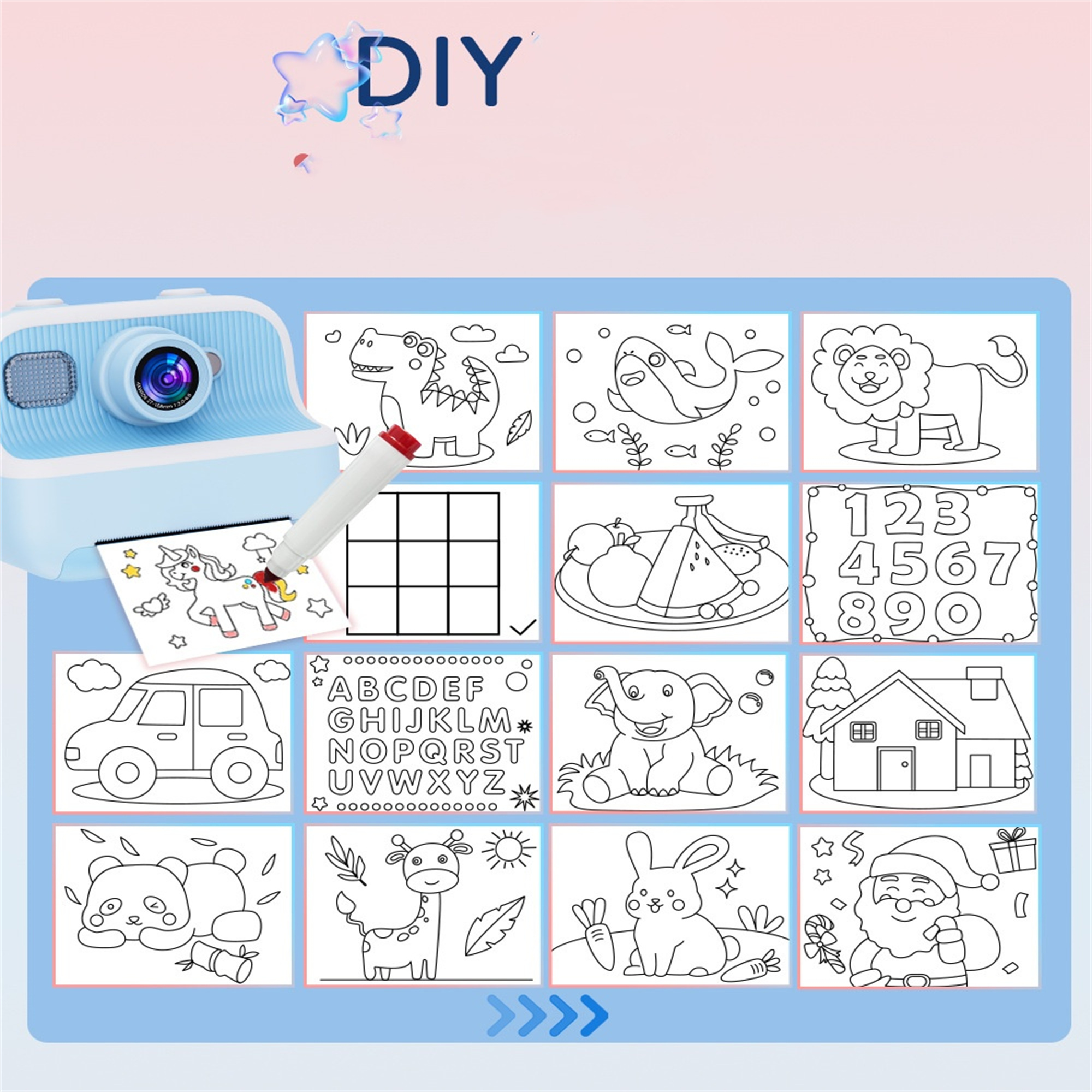 DIY-Zeichensatz mit Kamera, Zeichnungen und Stift. Blauer und weißer Hintergrund.