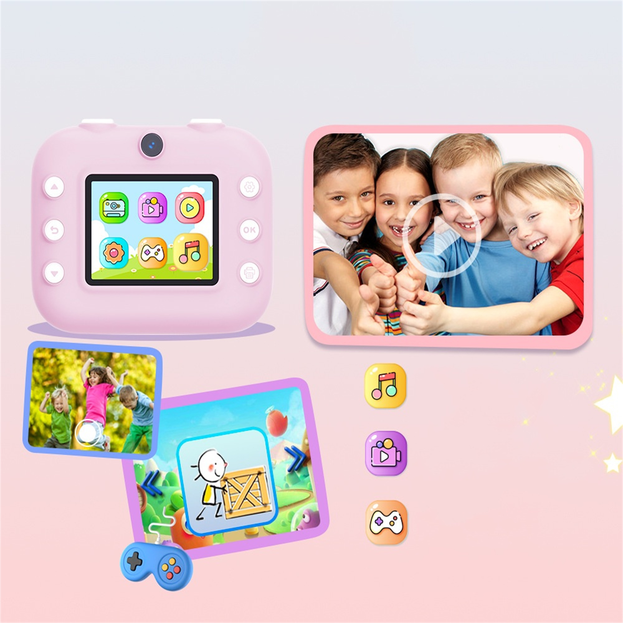 Eine pinke Digitalkamera mit Bildschirm und Kinderbildern. Fotos von glücklichen Kindern und Spielsymbolen.