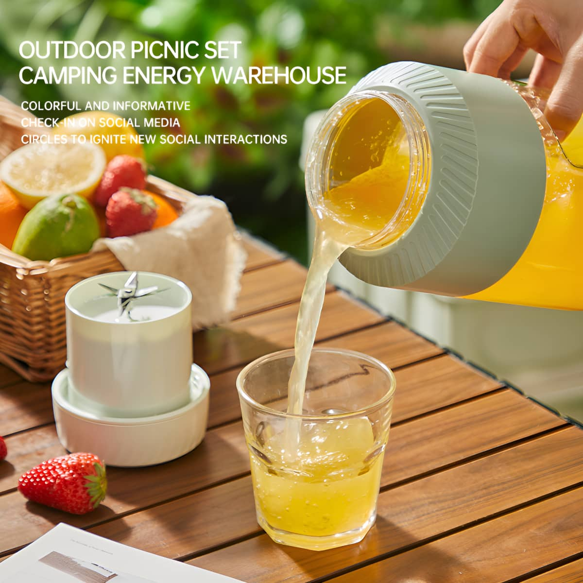 Picknick-Szene: eine Person gießt Saft in ein Glas. Früchte und ein Mixer im Hintergrund.