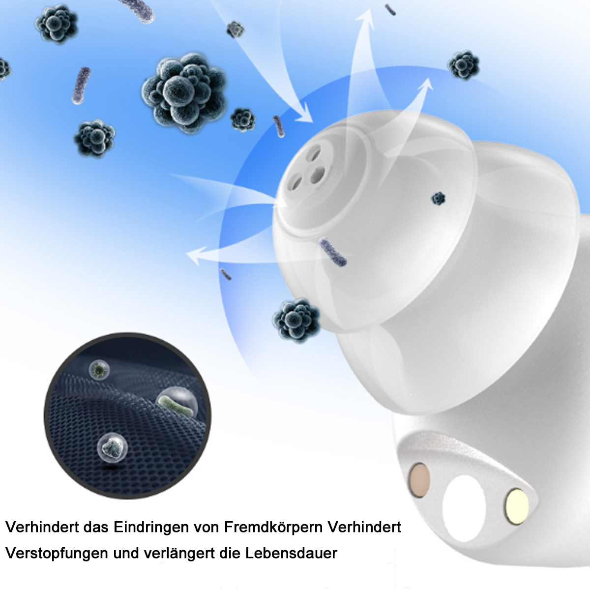 Ein weißes Gerät mit Luftschlitzen. Pfeile zeigen den Luftstrom und Virenillustration.