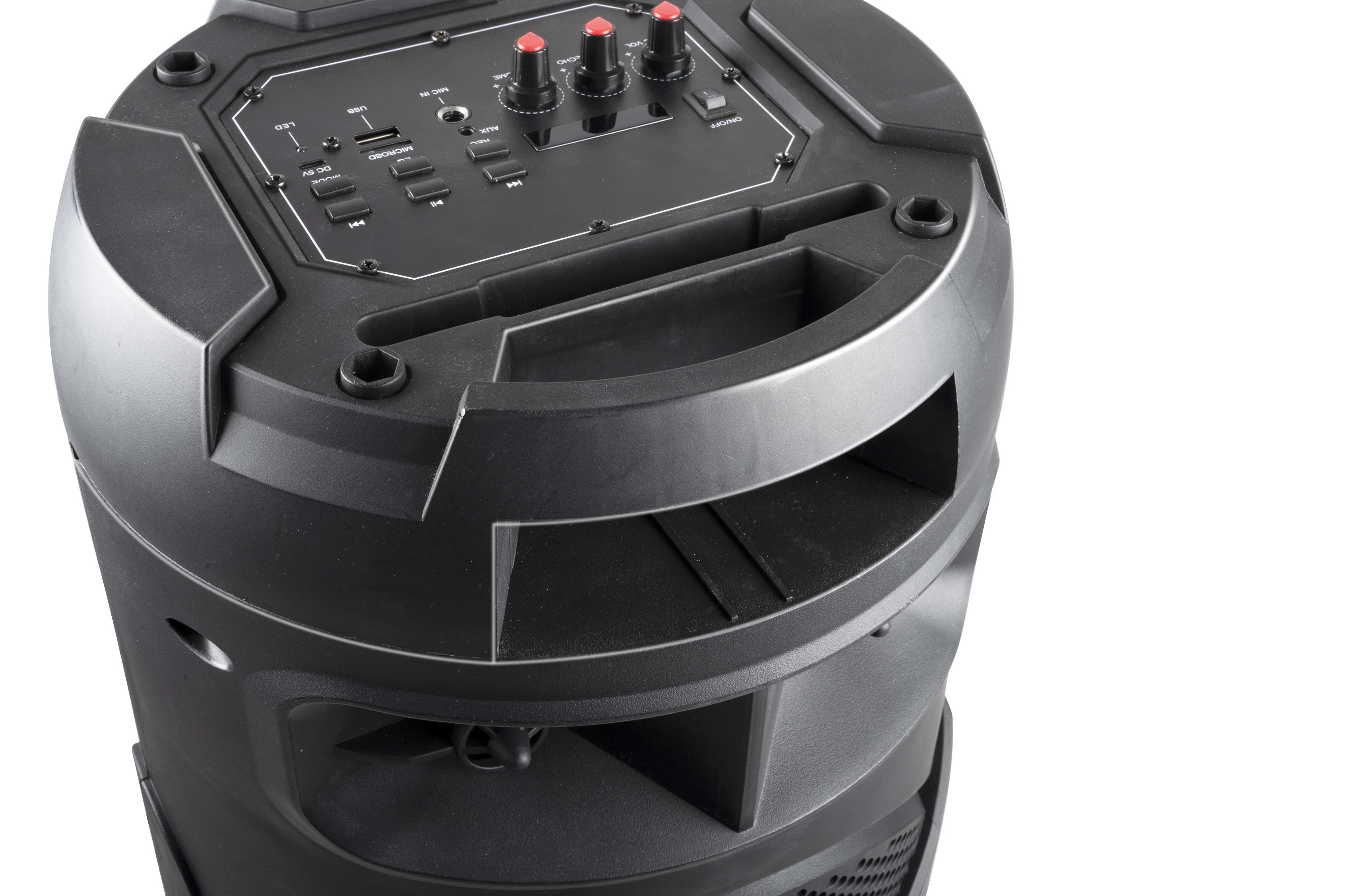 Zwarte audiospeaker. Bovenaanzicht met bedieningspaneel met knoppen en knoppen. Witte achtergrond.