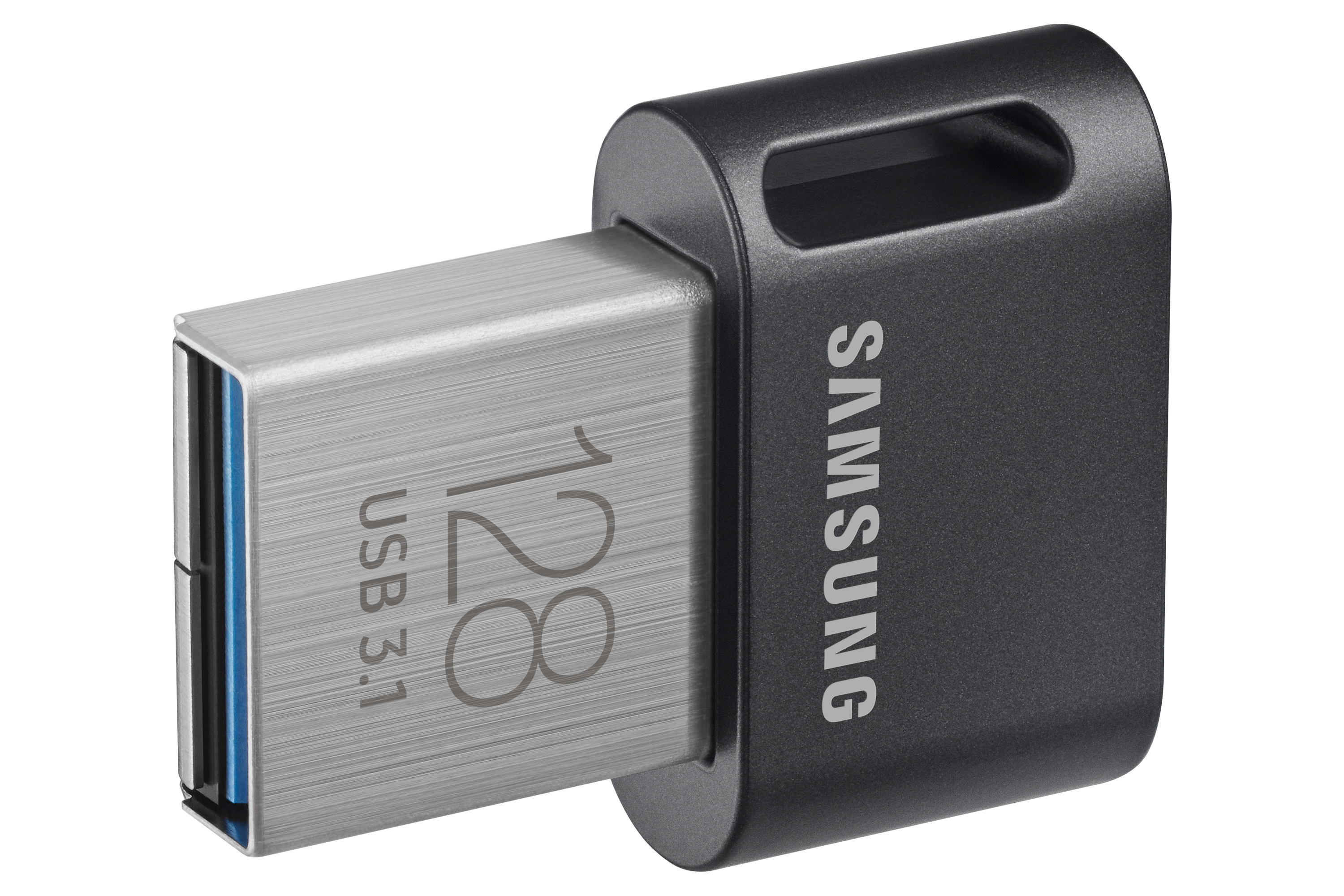 Zbliżenie czarnej i srebrnej pamięci flash USB Samsung z nadrukiem '128' i 'USB 3.1'.