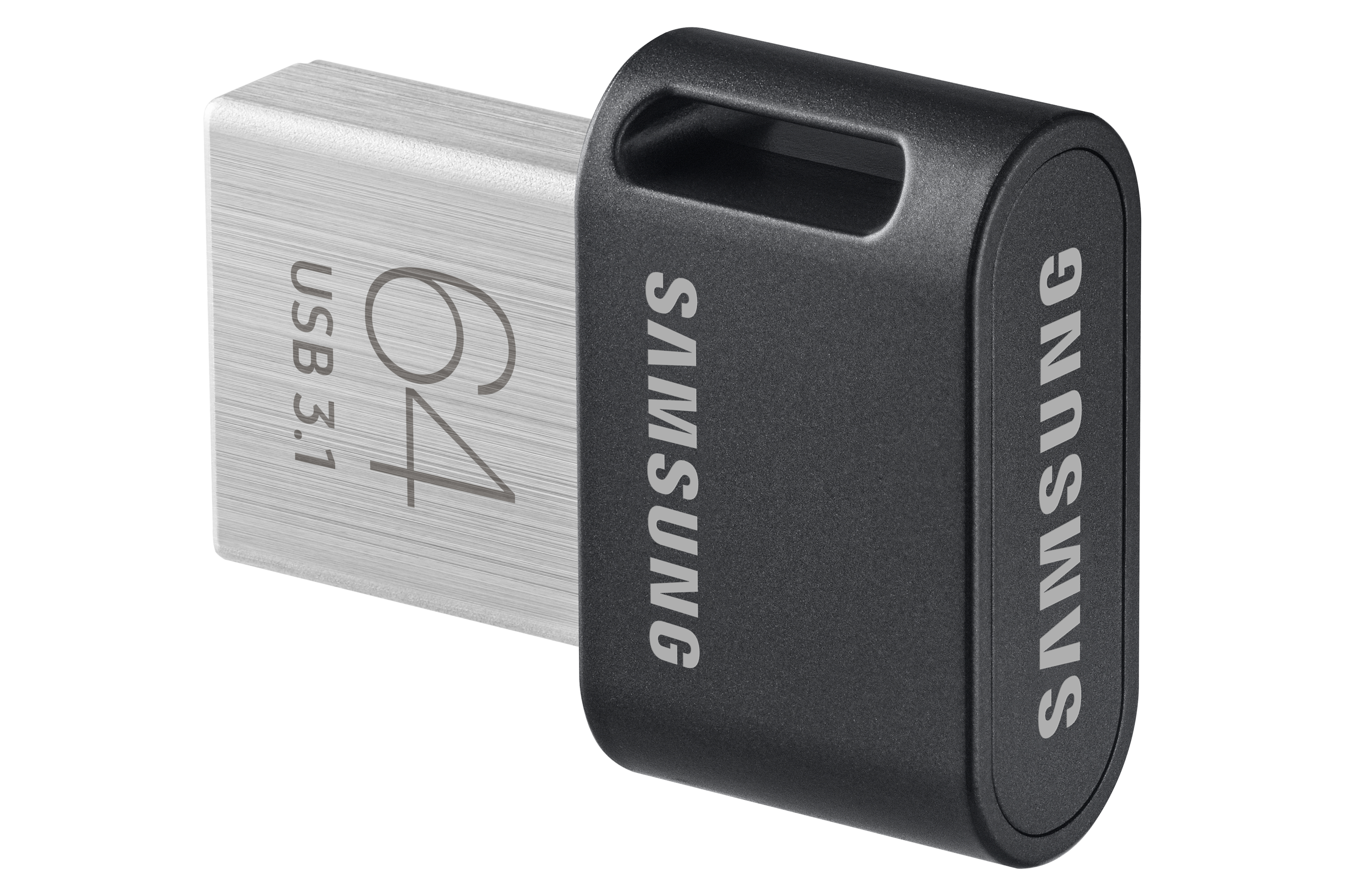 Czarny i srebrny pendrive USB 3.1 Samsung 64 GB na białym tle.